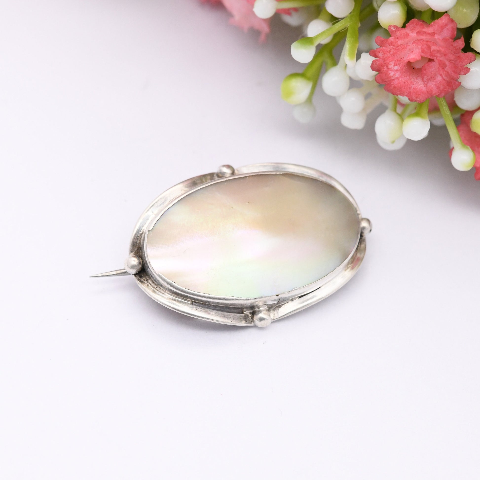 Antique Arts and Crafts Sterling Silver Mother of Pearl Brooch - Oval Shape Granulated Edge Border