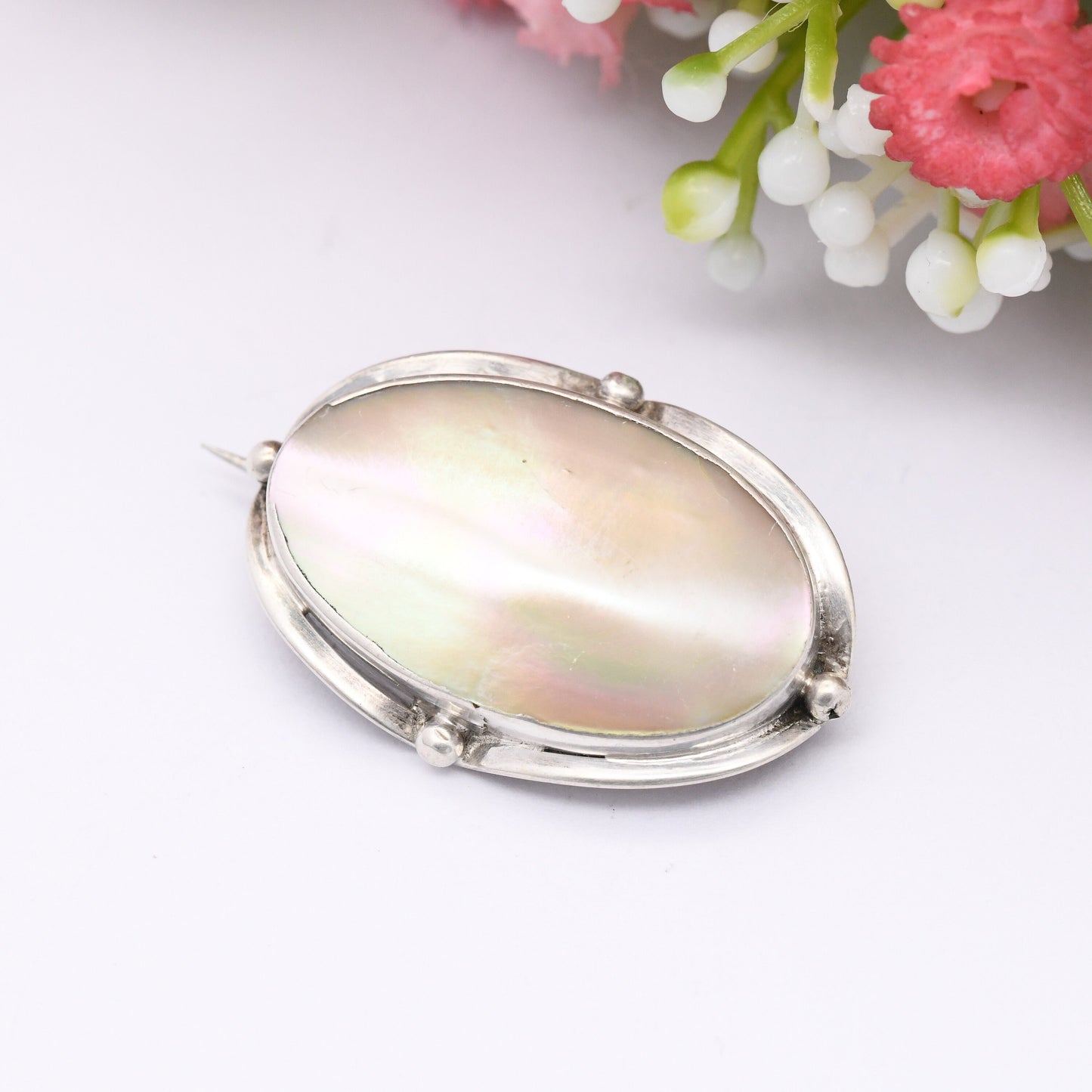 Antique Arts and Crafts Sterling Silver Mother of Pearl Brooch - Oval Shape Granulated Edge Border