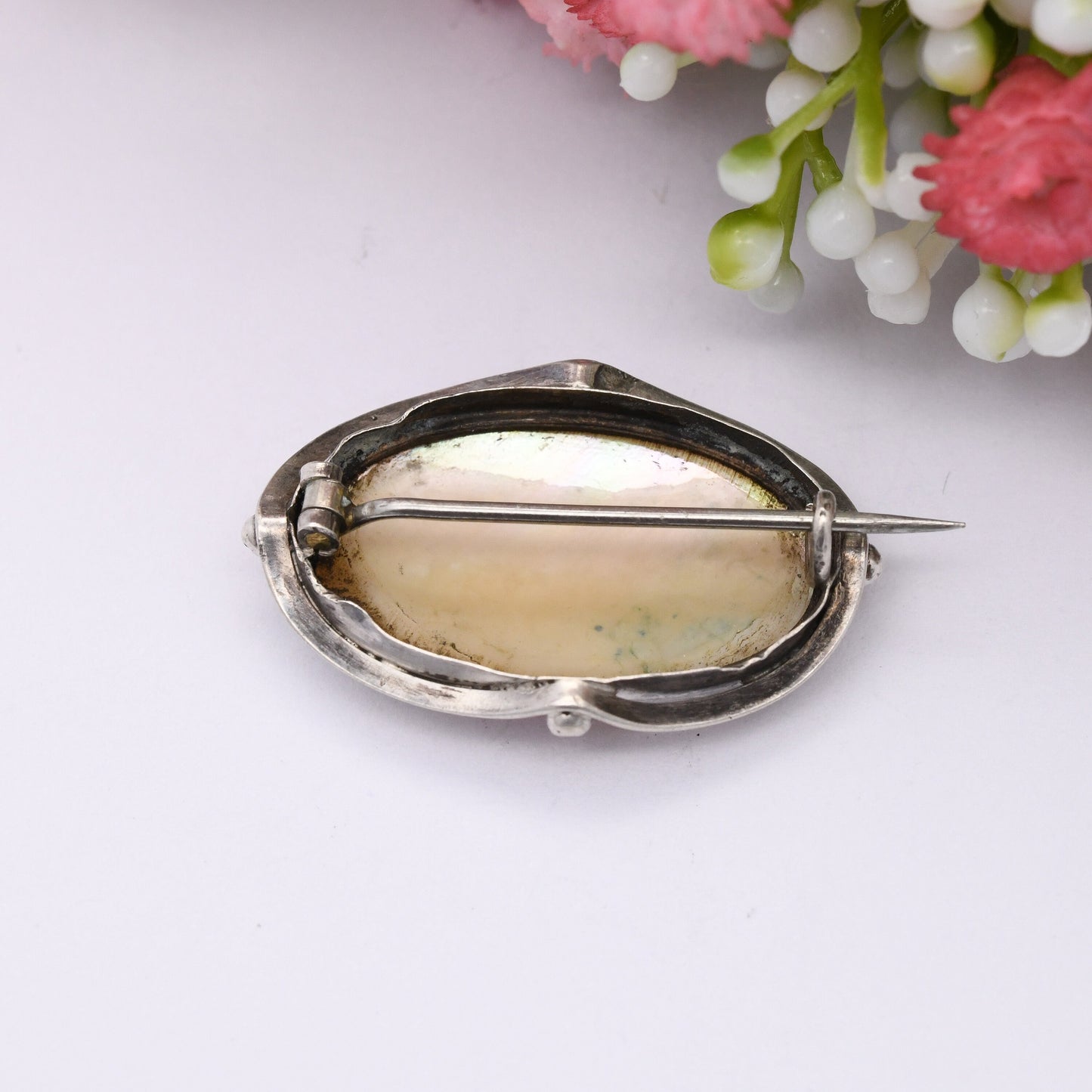 Antique Arts and Crafts Sterling Silver Mother of Pearl Brooch - Oval Shape Granulated Edge Border