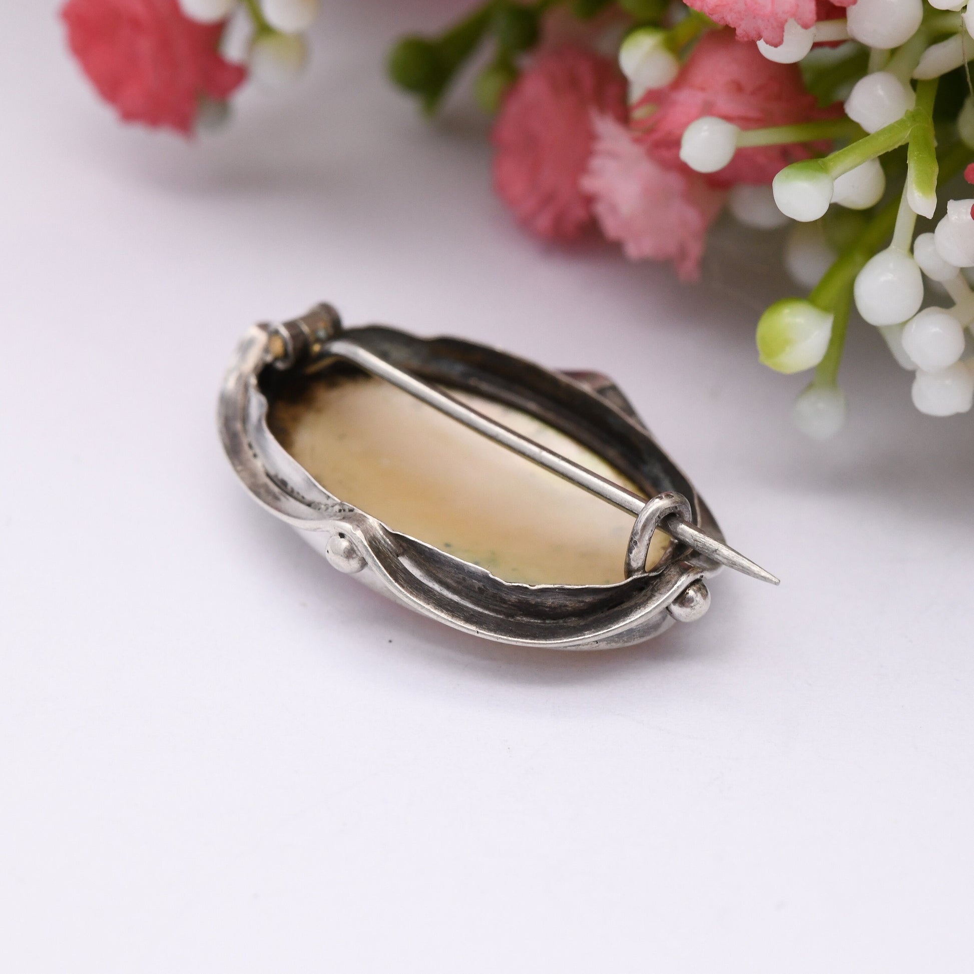 Antique Arts and Crafts Sterling Silver Mother of Pearl Brooch - Oval Shape Granulated Edge Border