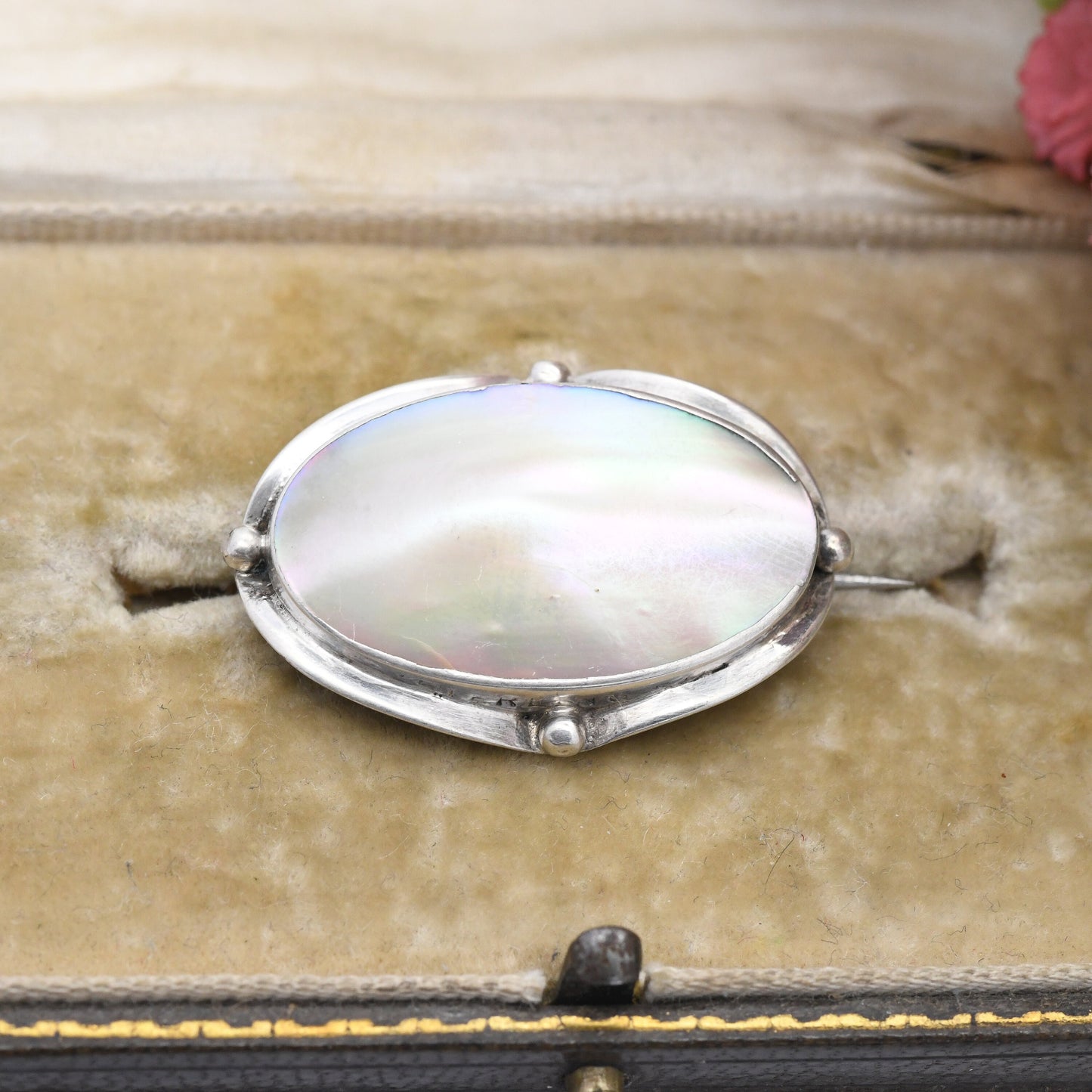 Antique Arts and Crafts Sterling Silver Mother of Pearl Brooch - Oval Shape Granulated Edge Border