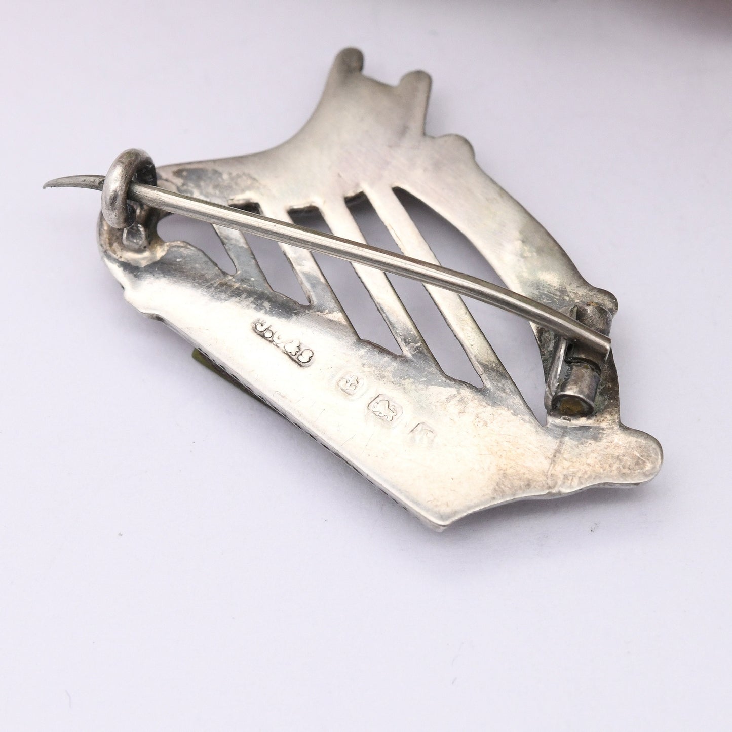 Antique Connemara Marble Sterling Silver Celtic Harp Brooch 1917 - Cláirseach Telyn Instrument Brooch Victorian Scottish Pebble Jewellery