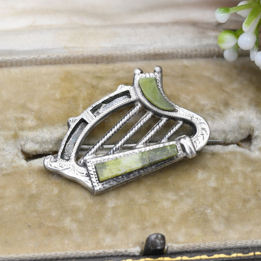 Antique Connemara Marble Sterling Silver Celtic Harp Brooch 1917 - Cláirseach Telyn Instrument Brooch Victorian Scottish Pebble Jewellery