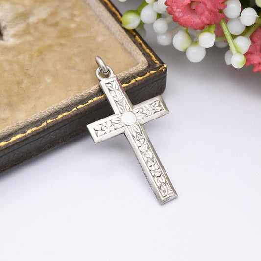 Vintage Sterling Silver Cross Pendant with Engraved Leaf and Flower Pattern - Sweet Christening Jewellery Gift Present for Christian