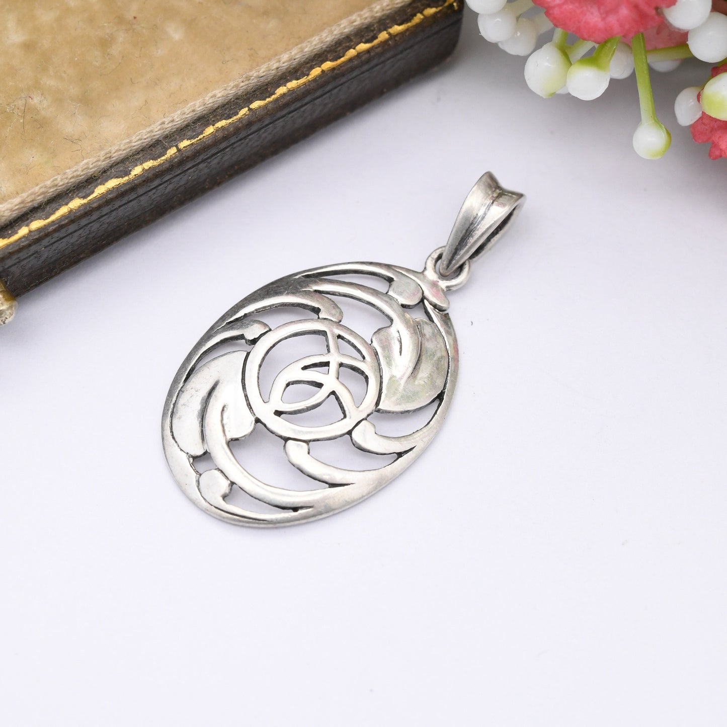 Vintage Sterling Silver Celtic Flower Pendant by Kit Heath - Glasgow Rose Openwork Stained Glass Style | Oval Shape | Gift for Her