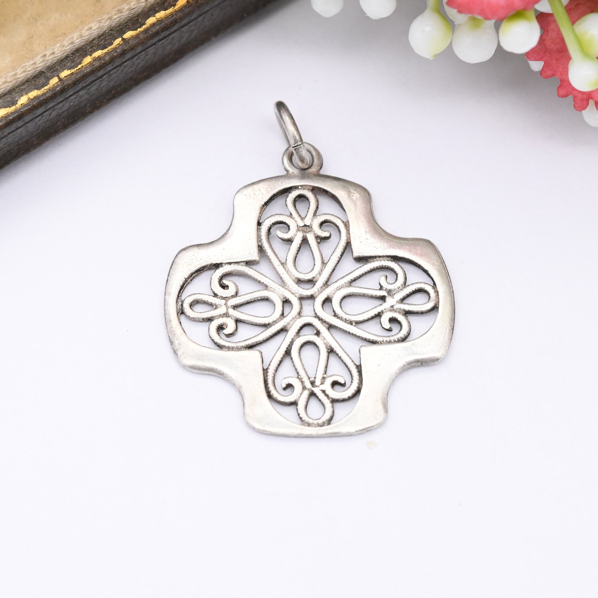 Vintage Sterling Silver Square Cross Pendant with Ornate Openwork Design - Pretty Scrolling Cut Out | Cute Gift for Her