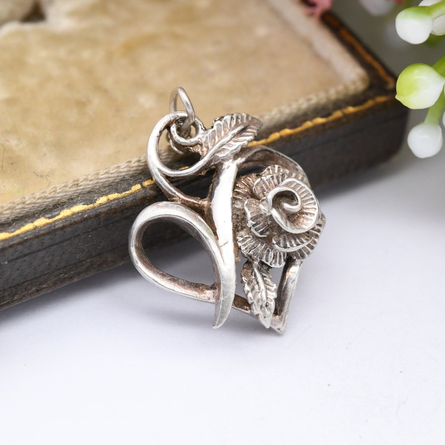 Vintage Sterling Silver Rose Flower Pendant in Love Heart Shape - Pretty Mid-Century Textured Flower Jewellery