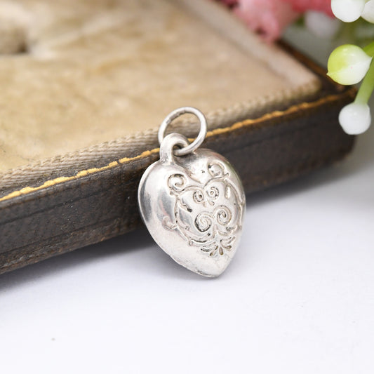 Vintage Sterling Silver Heart Charm Pendant with Engraved Pattern - Small Puffed Love Heart