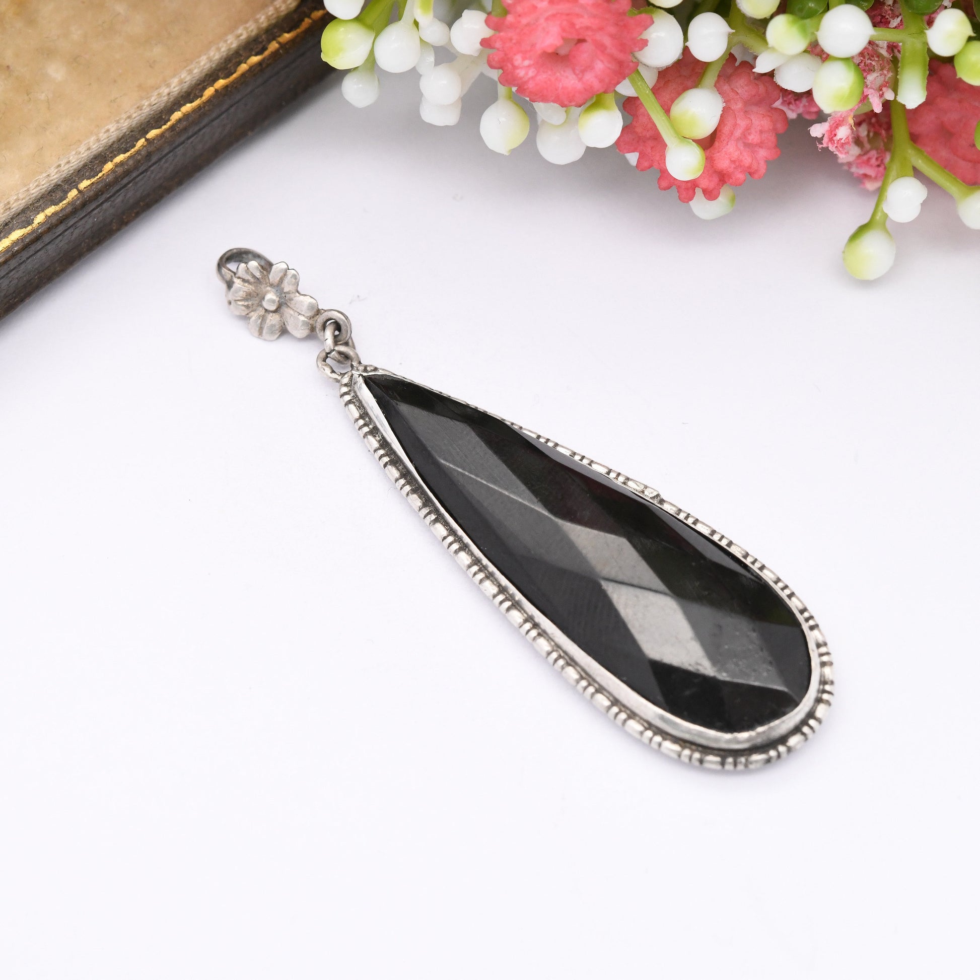 Antique Thomas Mott Sterling Silver Black Pendant - Art Deco Era c. 1920 1930 | Large Faceted Black Glass Stone | TLM Designer Silver