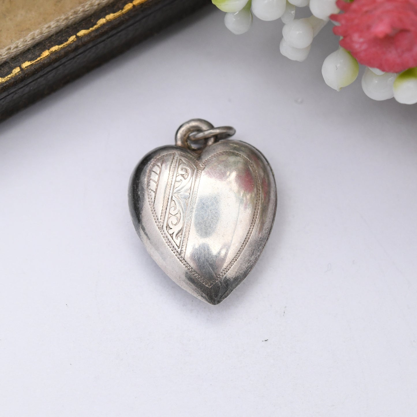 Vintage Sterling Silver Puffed Heart Charm Pendant - Engraved Pattern Small Love Heart | Sentimental Gift for Charm Necklace Stack