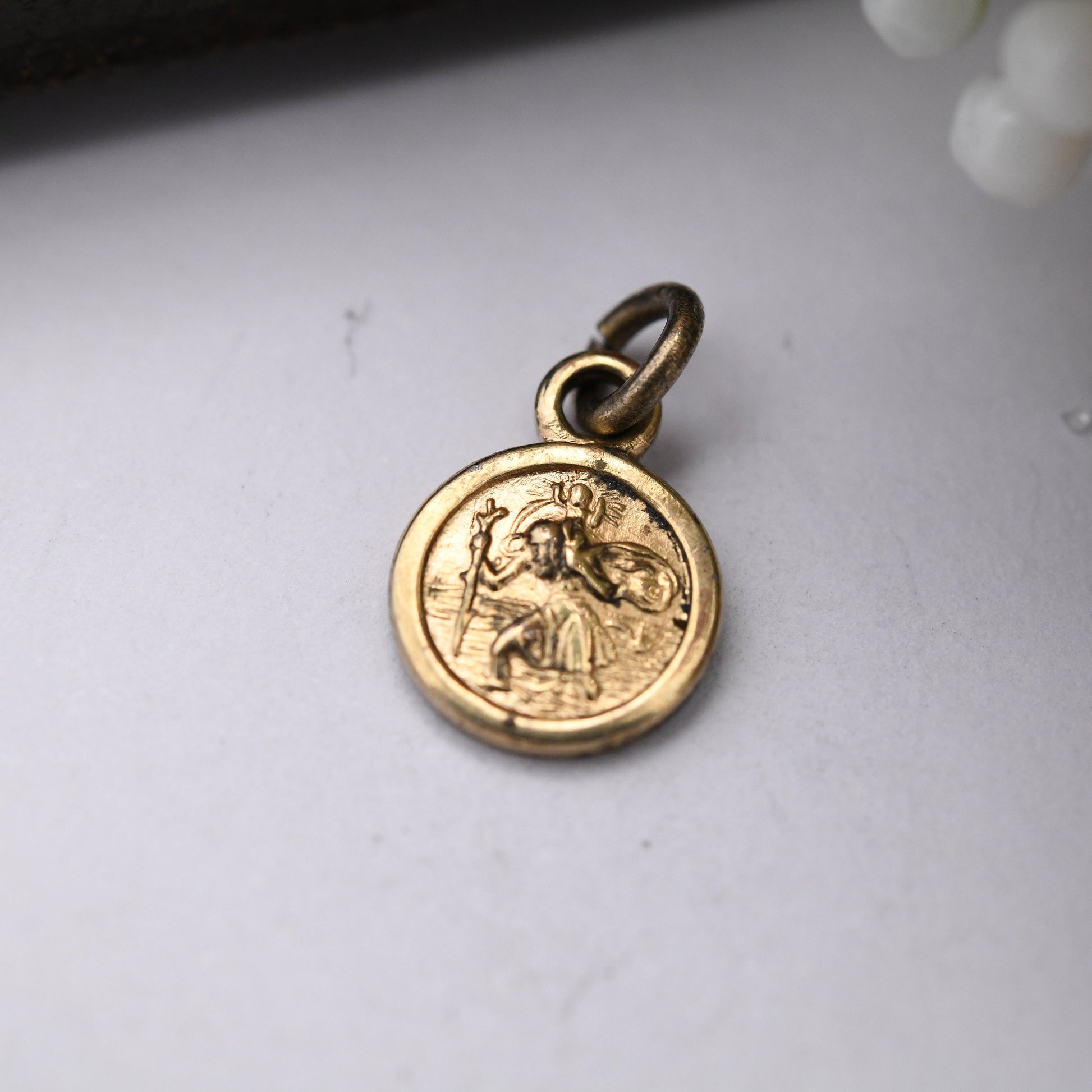 Vintage Sterling Silver St. Christopher Charm Pendant Miniature - Small Circle Good Luck Traveller Token | Mid-Century | Gold Plated