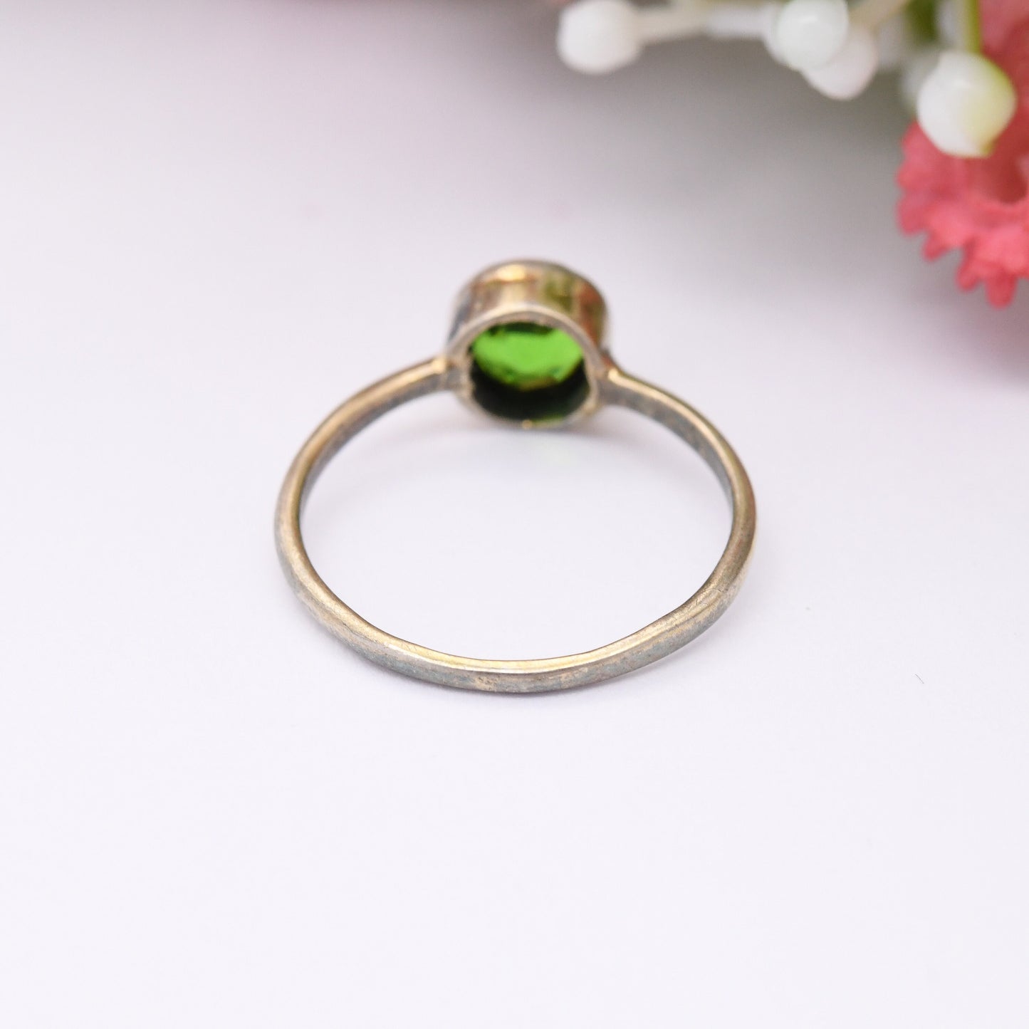 Vintage Silver Bright Green Stone Ring Gold Plated - Emerald Green Pinkie Ring Small Size | UK Size - H 1/2 | US Size - 4