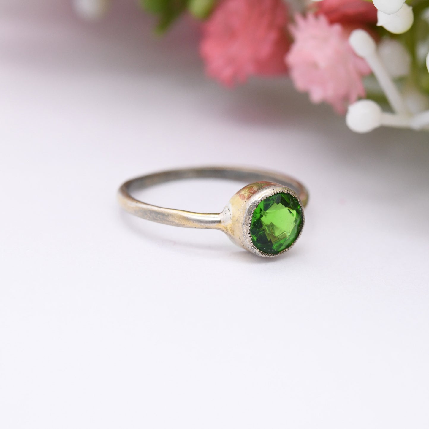 Vintage Silver Bright Green Stone Ring Gold Plated - Emerald Green Pinkie Ring Small Size | UK Size - H 1/2 | US Size - 4