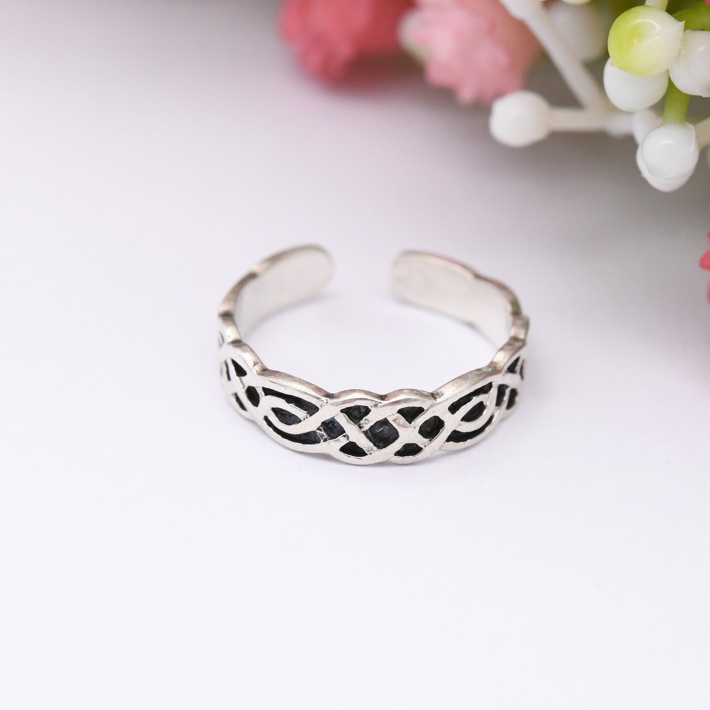 Vintage Sterling Silver Celtic Knot Open Band Ring - Minimal Everyday Jewellery Adjustable Toe Midi Ring | UK Size - G | US Size - 3 1/2