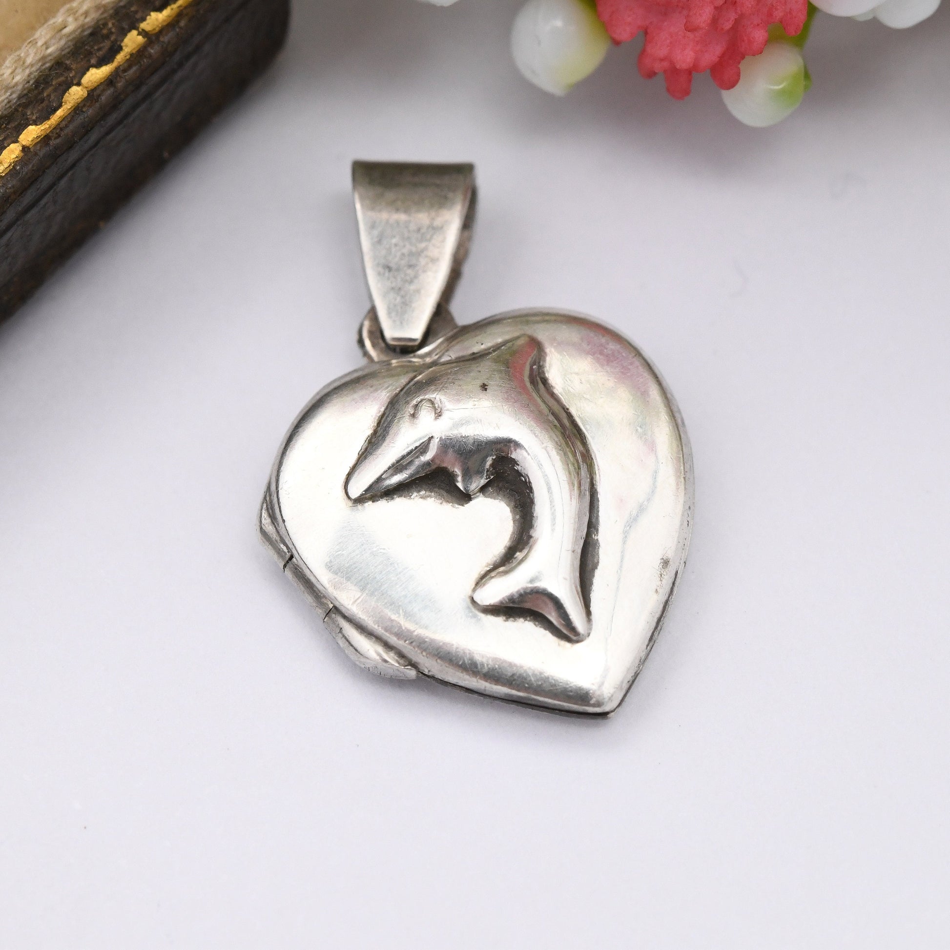 Vintage Sterling Silver Dolphin Heart Locket Pendant - Small Love Heart Shape | Minimal Everyday Solid Silver Jewellery | Sweet Gift for Her