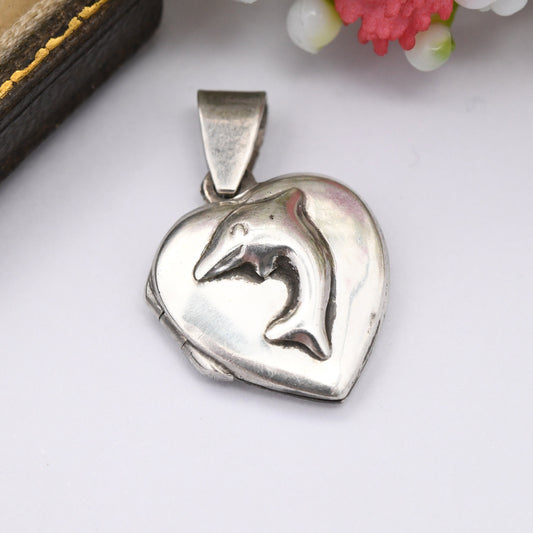 Vintage Sterling Silver Dolphin Heart Locket Pendant - Small Love Heart Shape | Minimal Everyday Solid Silver Jewellery | Sweet Gift for Her