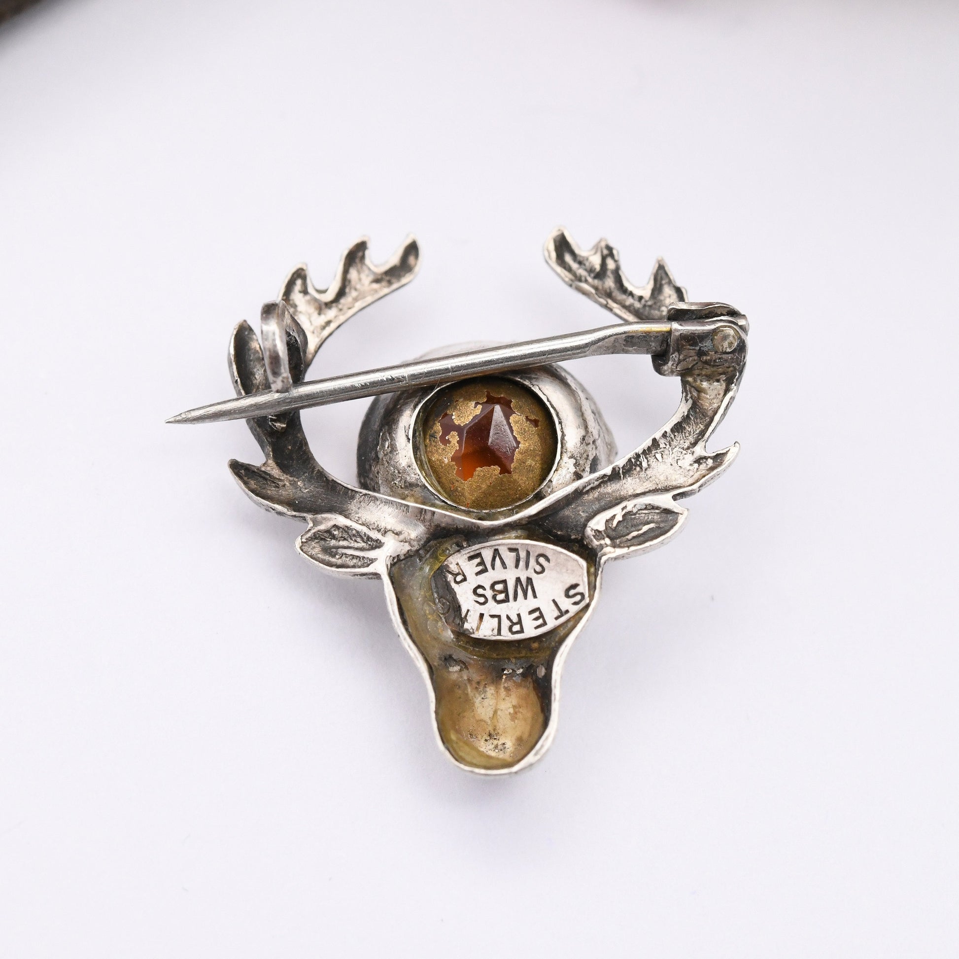 Vintage Ward Brothers Sterling Silver Stag Brooch - Collectable WBs Scottish Silver | Deer with Antlers | Large Orange Paste Stone