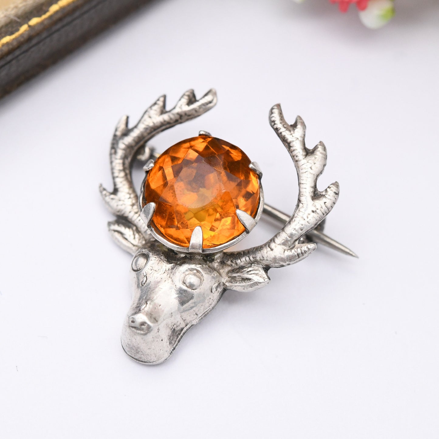 Vintage Ward Brothers Sterling Silver Stag Brooch - Collectable WBs Scottish Silver | Deer with Antlers | Large Orange Paste Stone