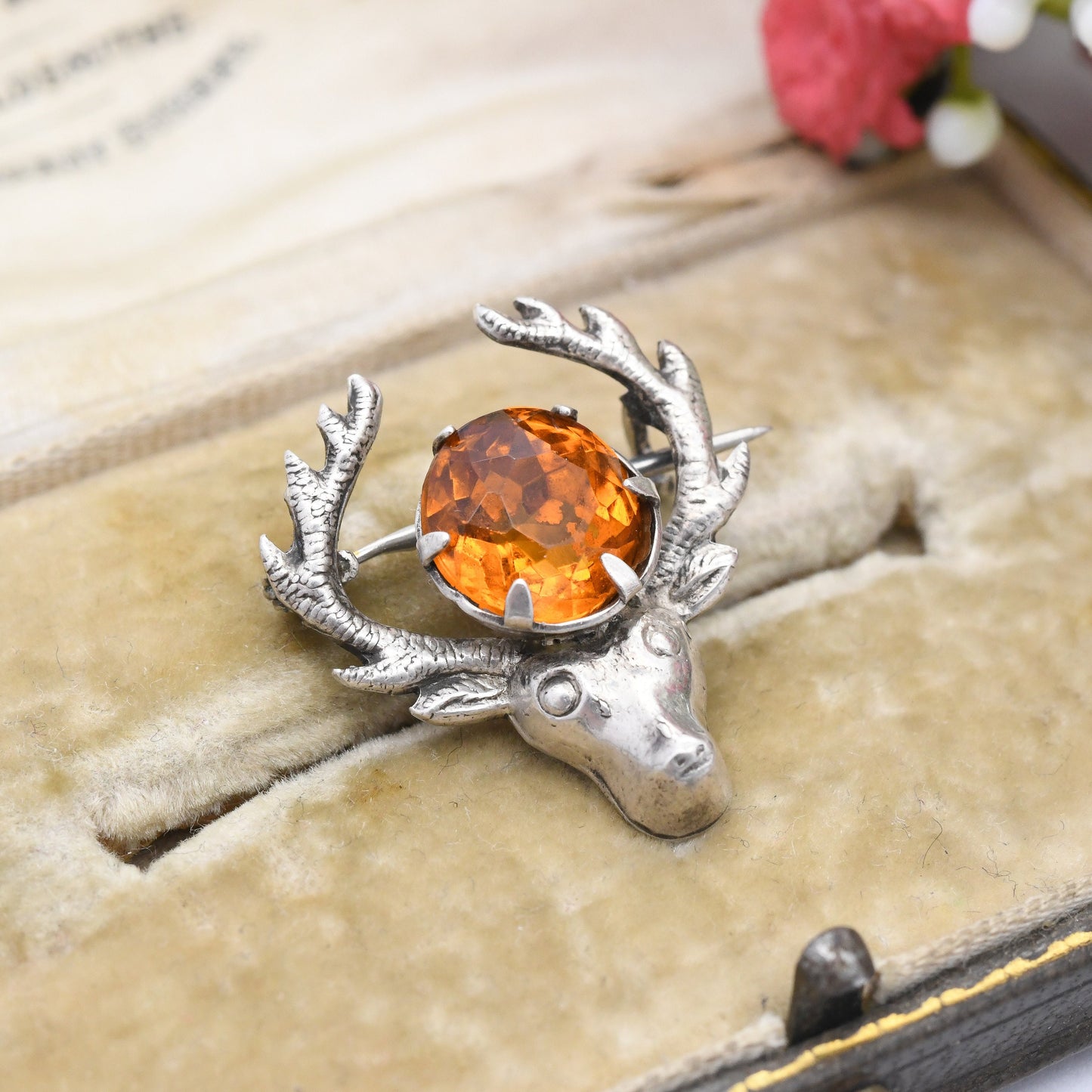 Vintage Ward Brothers Sterling Silver Stag Brooch - Collectable WBs Scottish Silver | Deer with Antlers | Large Orange Paste Stone