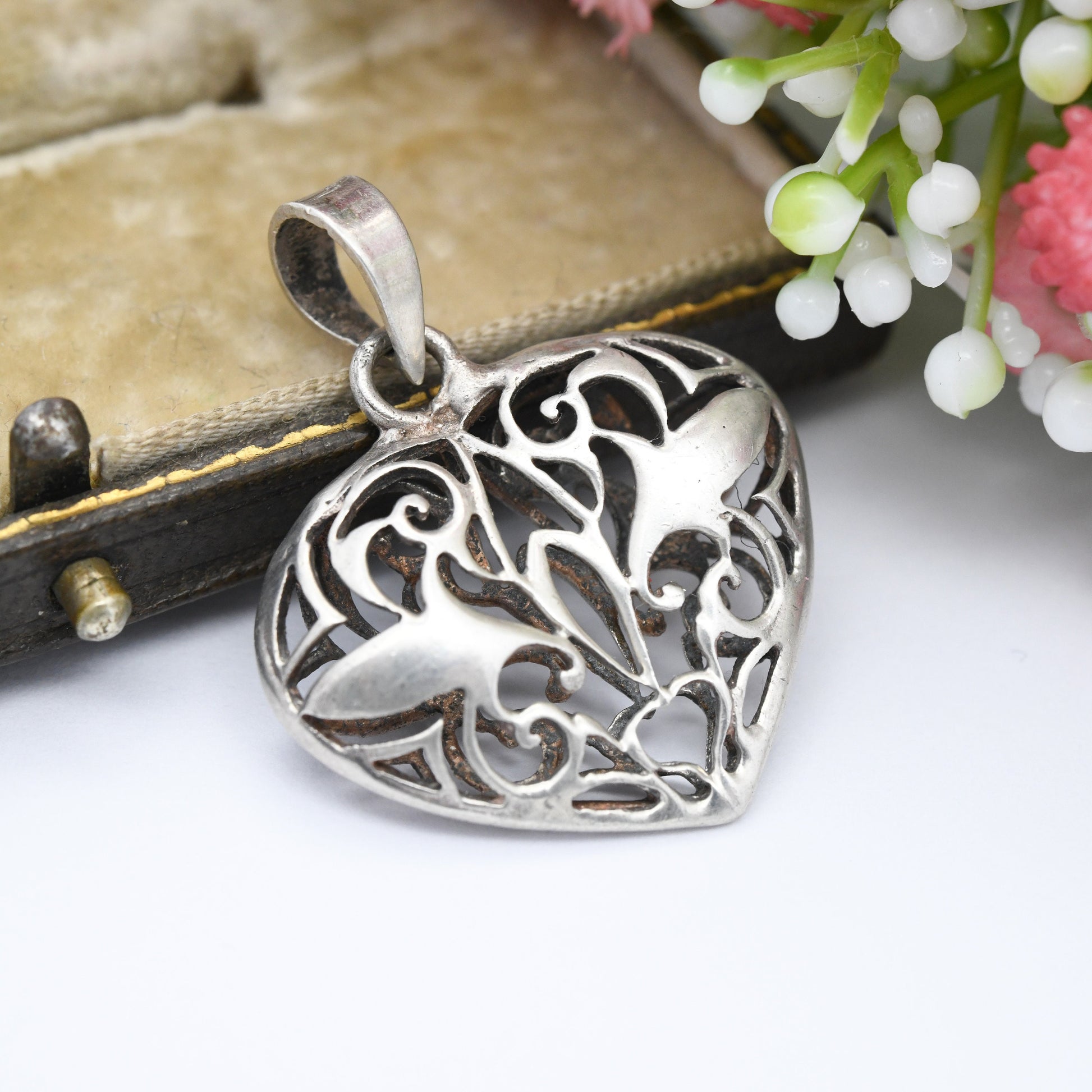 Vintage Sterling Silver Puffed Heart Pendant Floral Openwork Design - Sweet Birthday Gift for Her | Pretty Jewellery | Chunky Love Heart