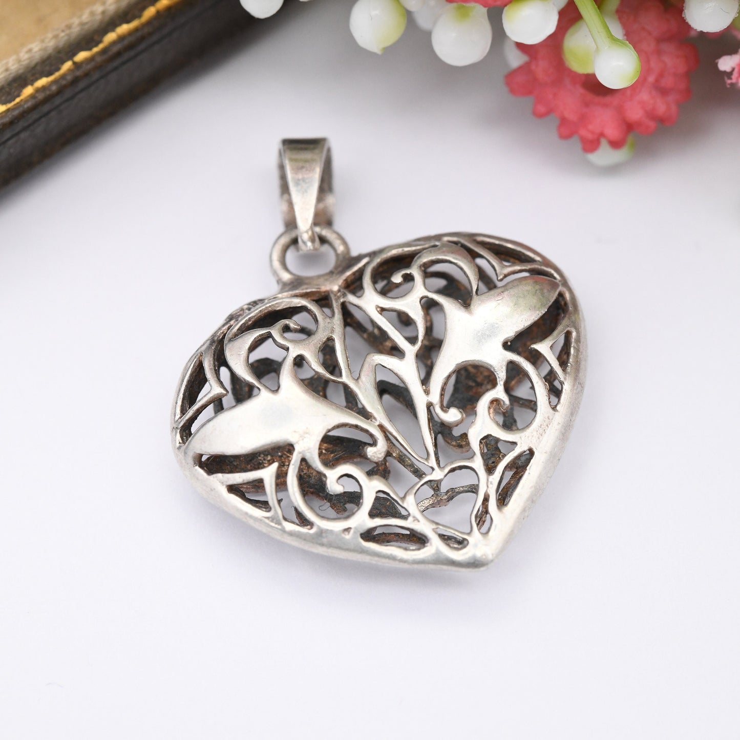 Vintage Sterling Silver Puffed Heart Pendant Floral Openwork Design - Sweet Birthday Gift for Her | Pretty Jewellery | Chunky Love Heart