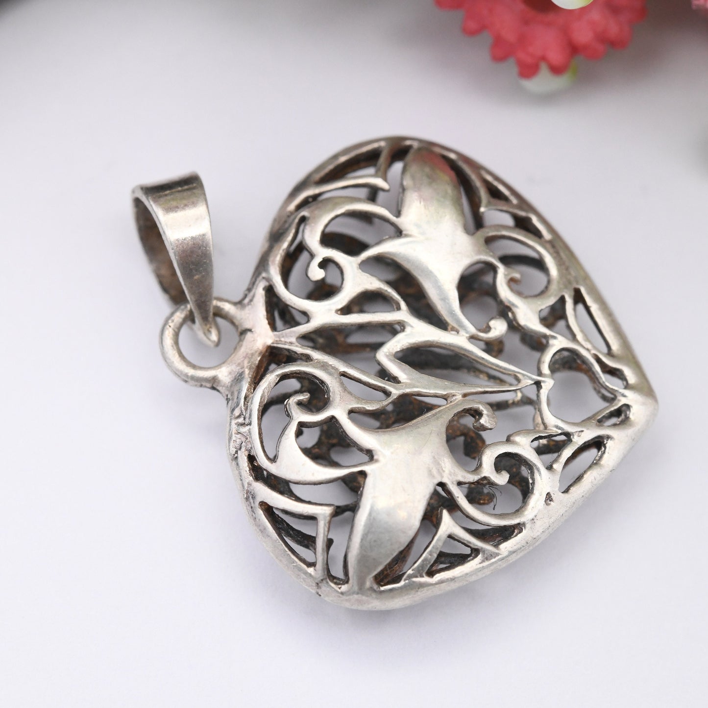 Vintage Sterling Silver Puffed Heart Pendant Floral Openwork Design - Sweet Birthday Gift for Her | Pretty Jewellery | Chunky Love Heart