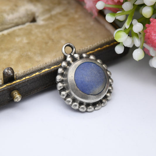 Vintage Taxco Mexico Sterling Silver Blue Stone Pendant - Large Cabochon Stone Granulated Edges | Chunky Necklace Stack Charm