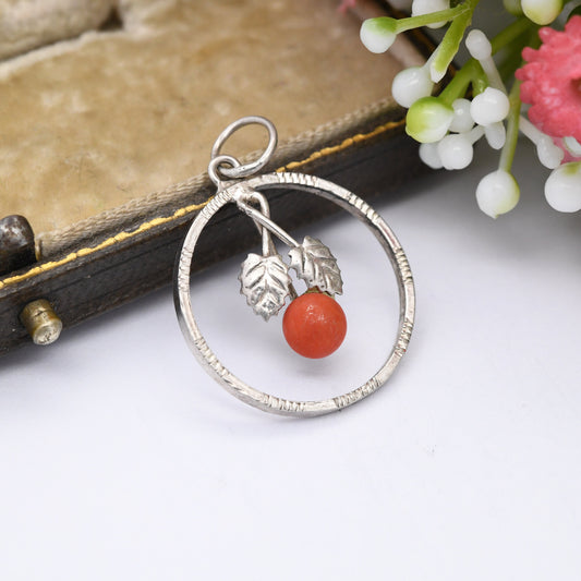 Vintage European Silver Coral Flower Pendant Fruit and Leaf Design - Antique Floral Style | True Vintage 1940s 1950s