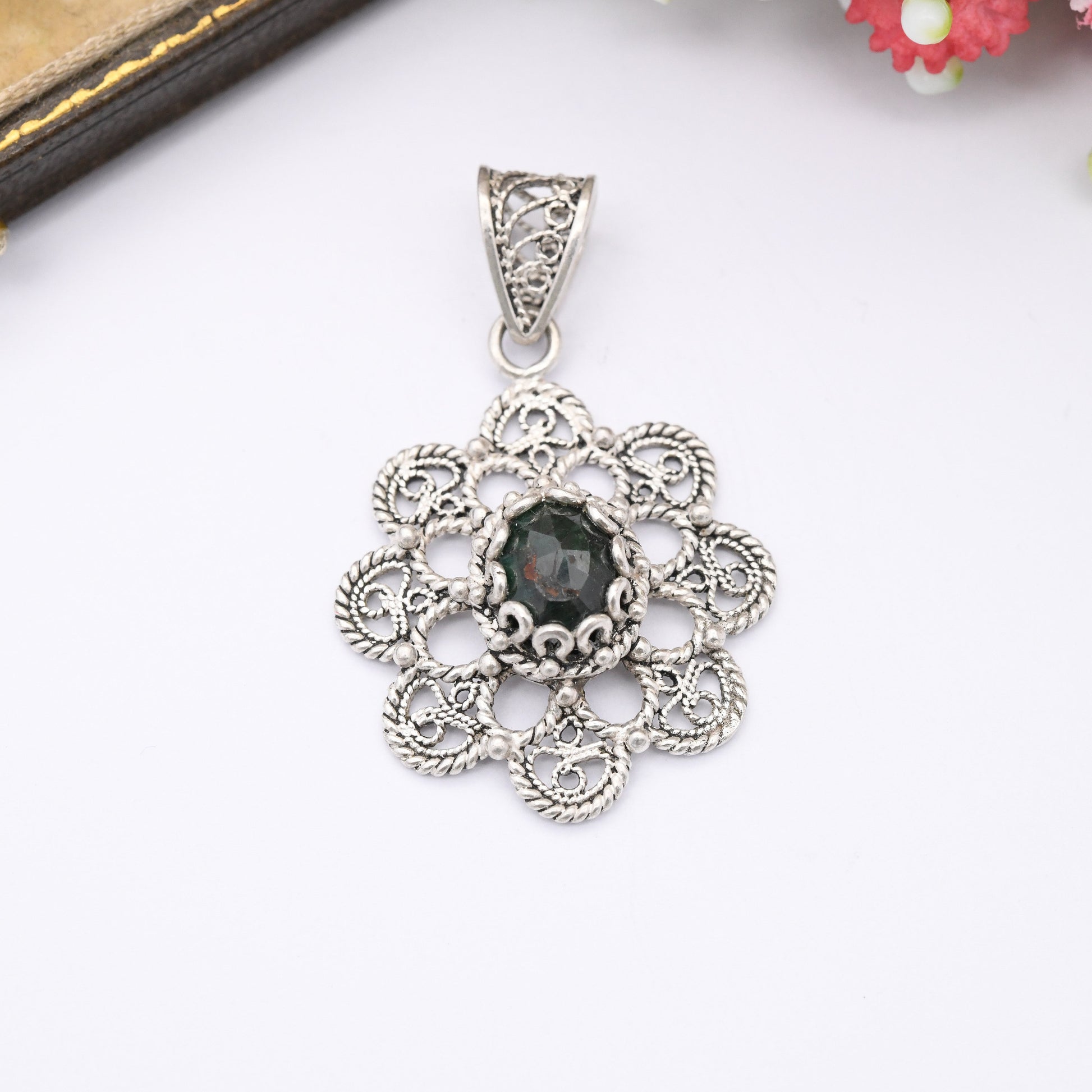 Vintage Sterling Silver Bloodstone Pendant Necklace DGS Turkey - Ornate Openwork Cannetille Filigree Design | Green and Red Faceted Gemstone