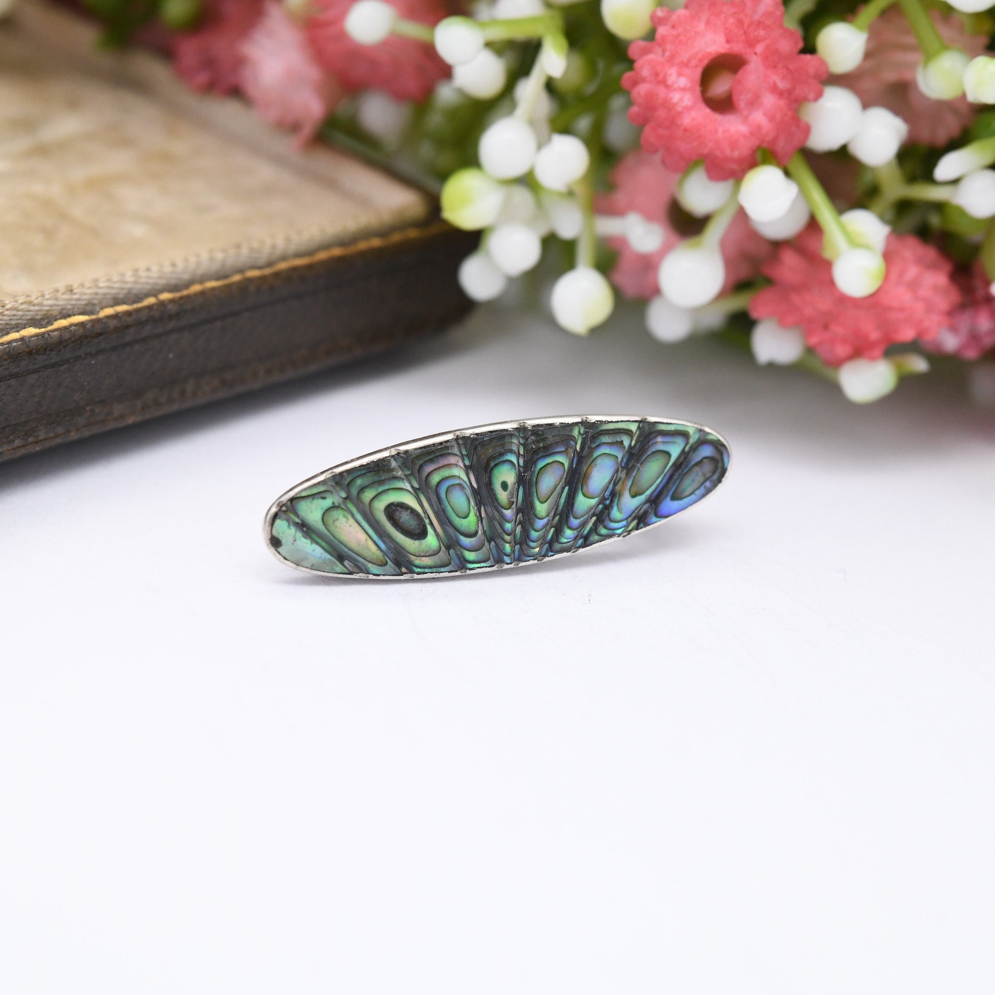 Sterling Silver Abalone Shell Brooch with Carved Radiating Design - Small Oval Shape | Gift for Mother