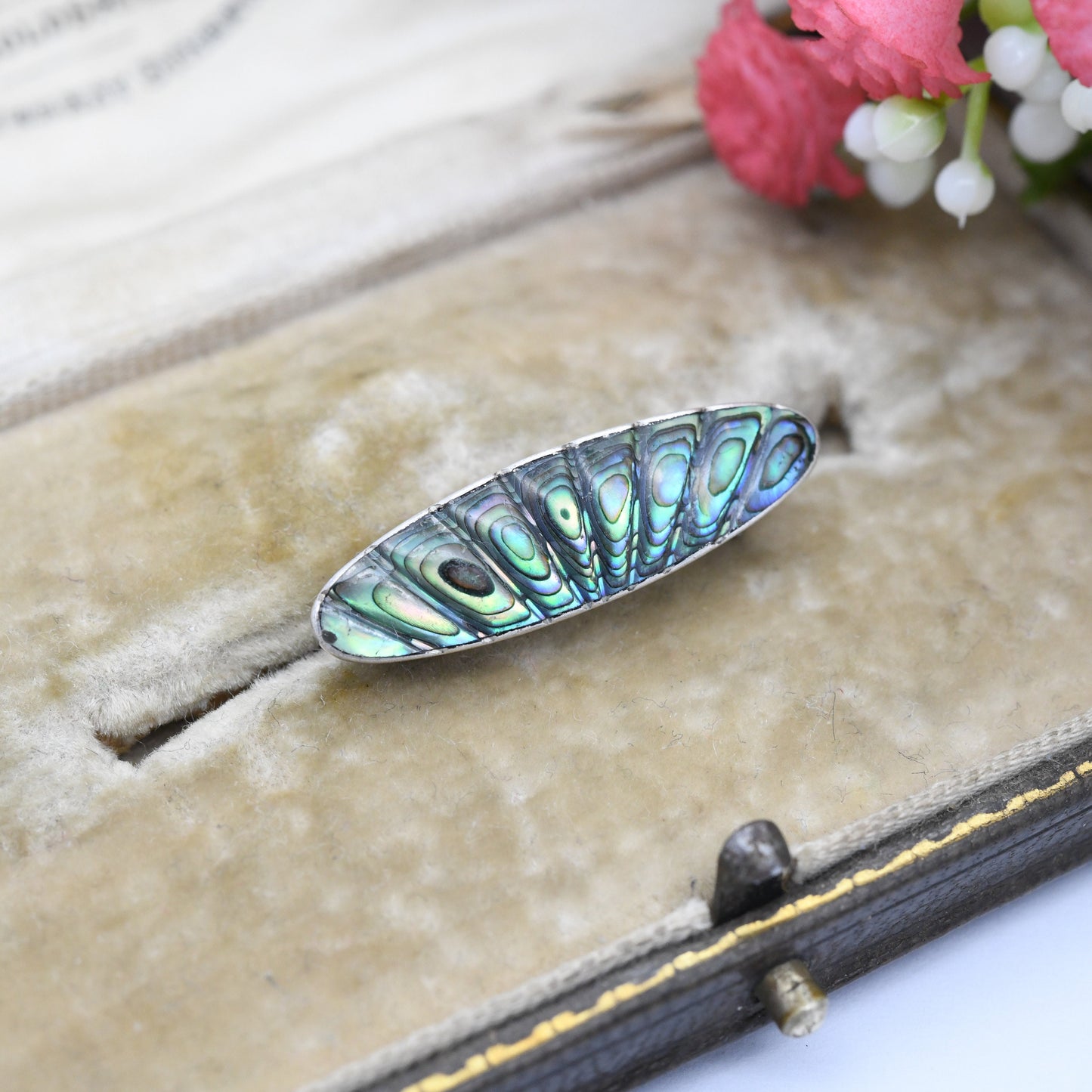 Sterling Silver Abalone Shell Brooch with Carved Radiating Design - Small Oval Shape | Gift for Mother