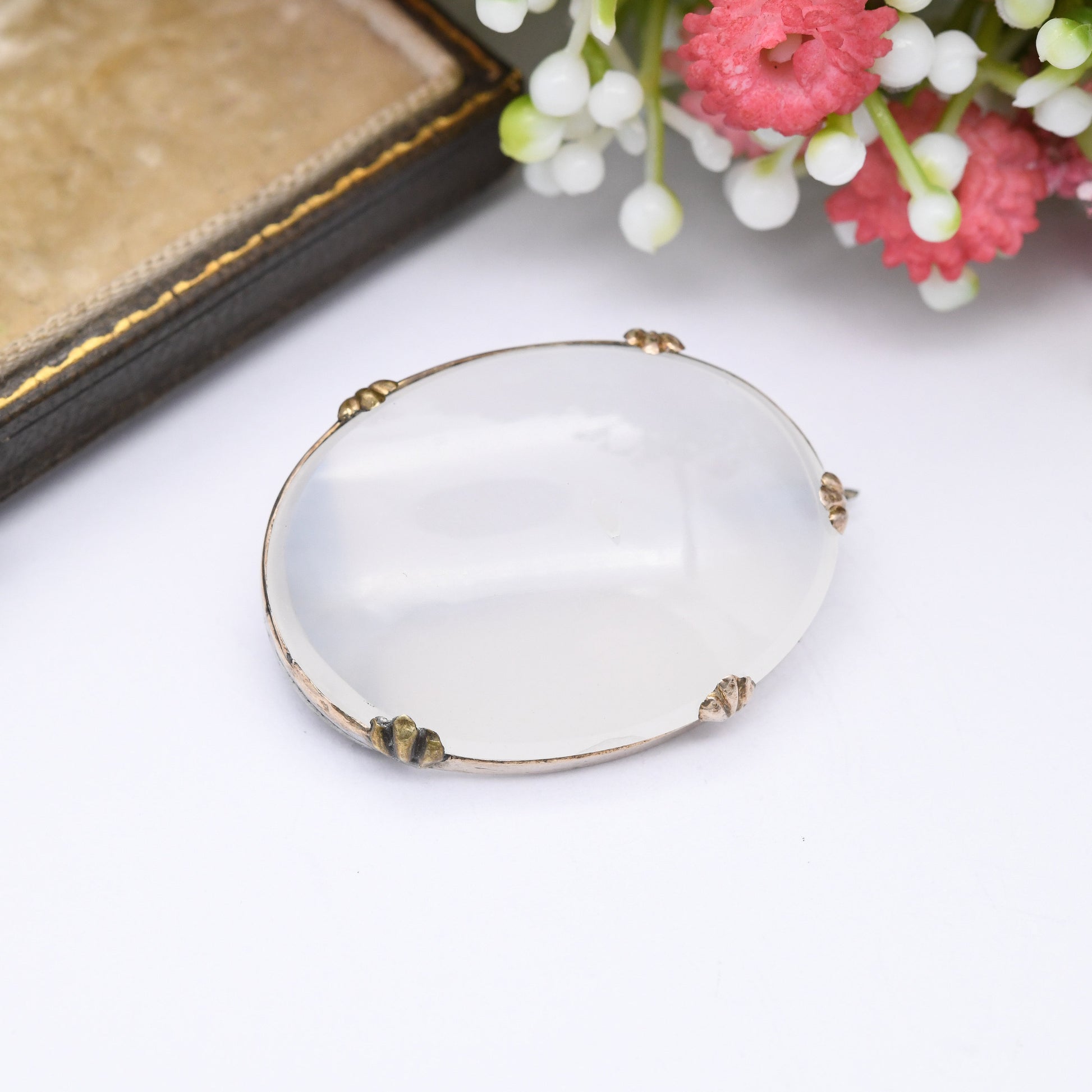 Antique Rolled Gold Chalcedony Brooch - Large Cabochon Translucent Oval Gemstone | Scallop Prongs