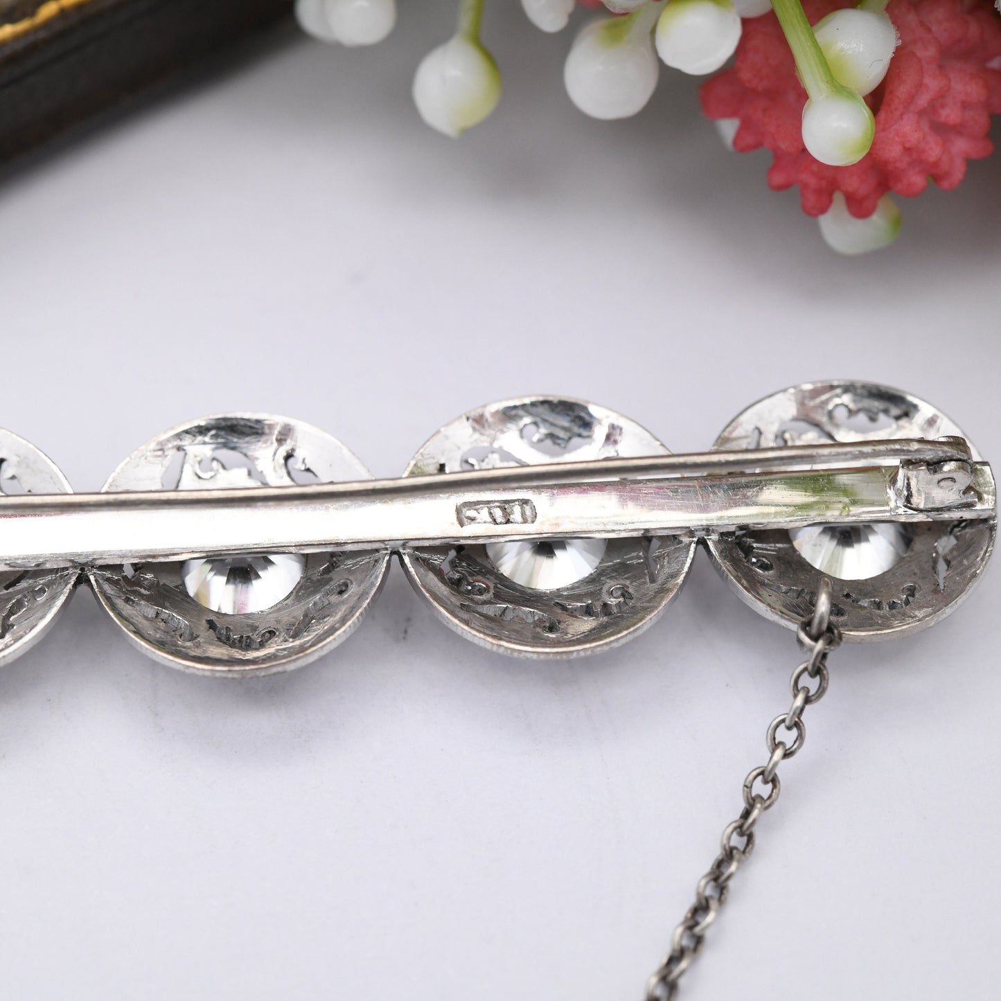 Vintage Silver Zircon Bar Brooch with Large Round Gemstones - Ornate Cut Out Pattern Pretty Sparkly Gift Four Stones True Vintage