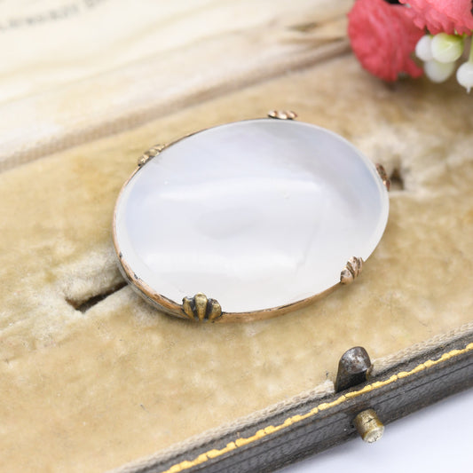 Antique Rolled Gold Chalcedony Brooch - Large Cabochon Translucent Oval Gemstone | Scallop Prongs