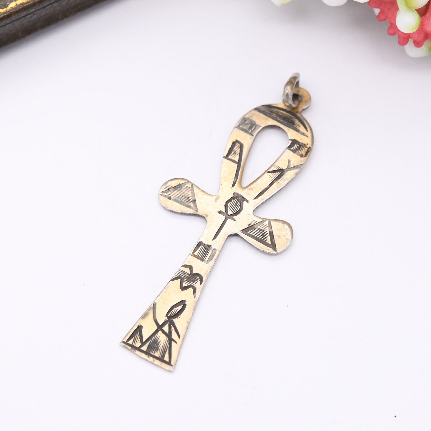 Vintage Silver Egyptian Ankh Pendant with Engraved Symbols 1982 - Ancient Egypt Symbol of Life | Hooped Cross | Heiroglyphics