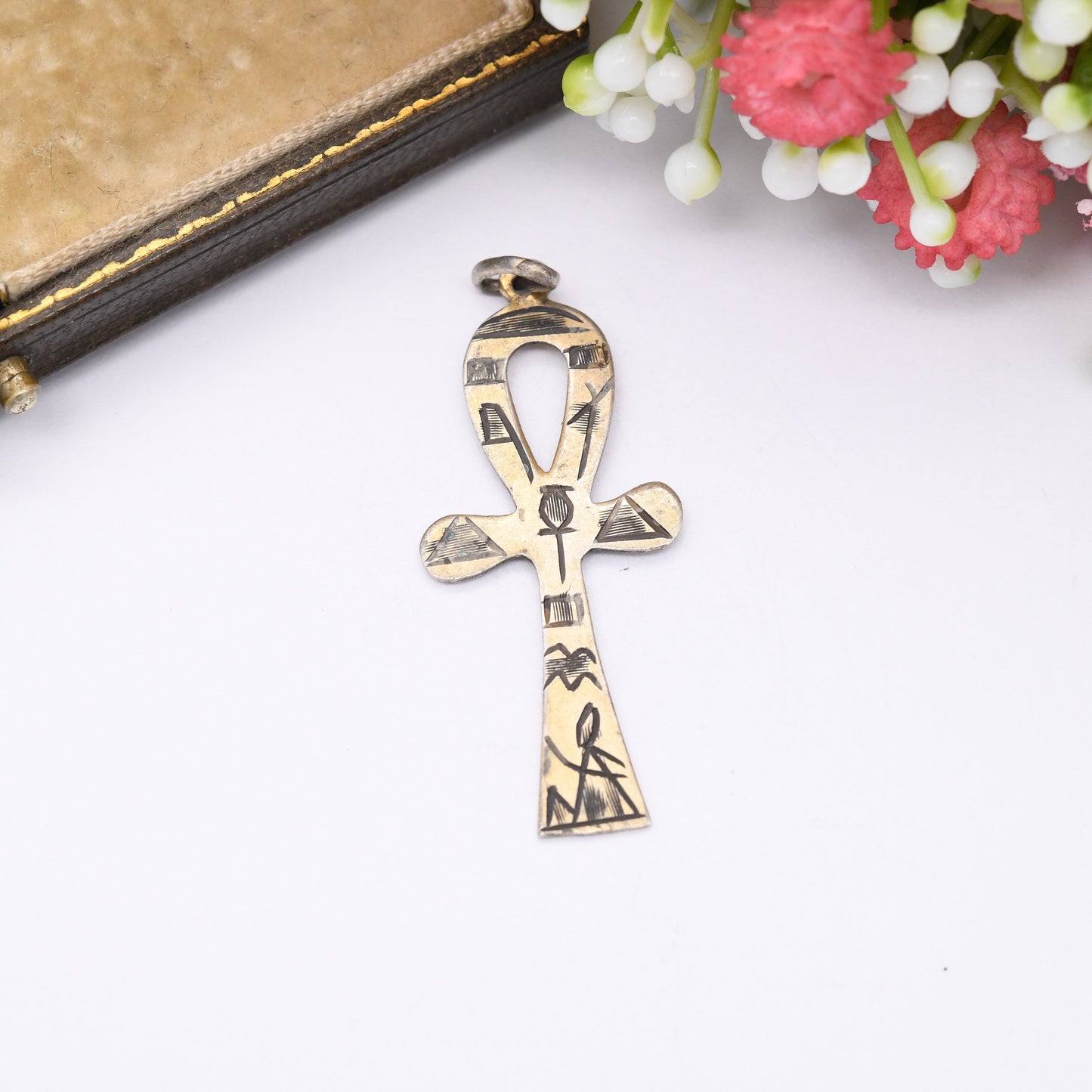 Vintage Silver Egyptian Ankh Pendant with Engraved Symbols 1982 - Ancient Egypt Symbol of Life | Hooped Cross | Heiroglyphics