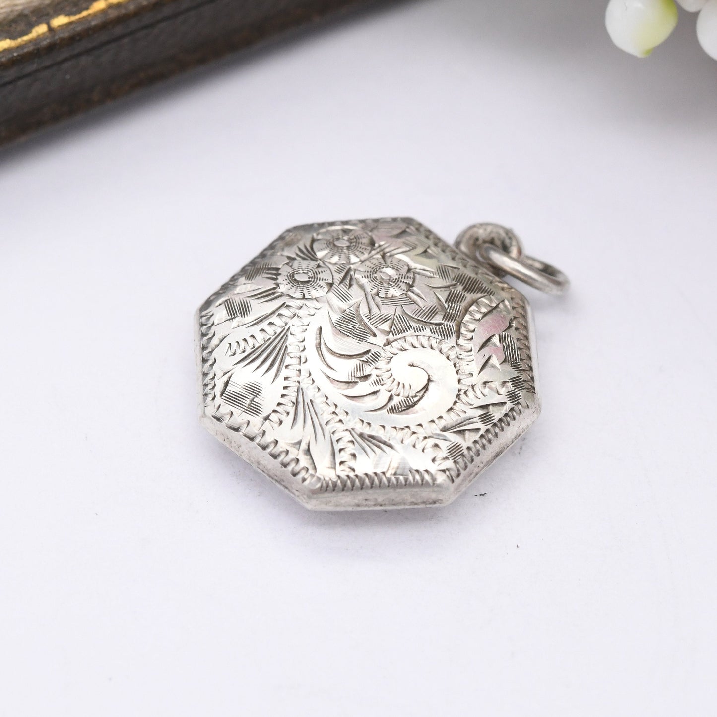 Vintage Sterling Silver Octagonal Pendant with Engraved Floral Design - Gift for Charm Necklace Stack | Pretty Flower Scrolling