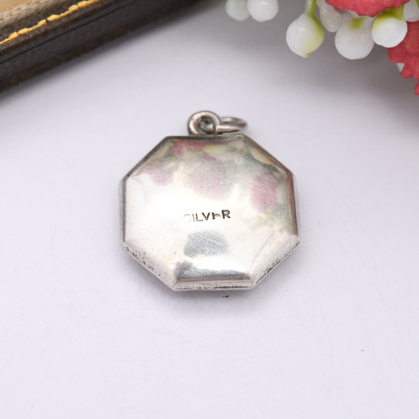 Vintage Sterling Silver Octagonal Pendant with Engraved Floral Design - Gift for Charm Necklace Stack | Pretty Flower Scrolling