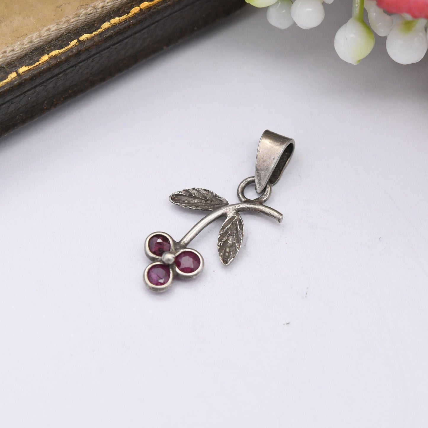 Vintage Sterling Silver Ruby Flower Pendant - Small Floral Cluster Charm | for Necklace Stack | July Birthday Flower Gift