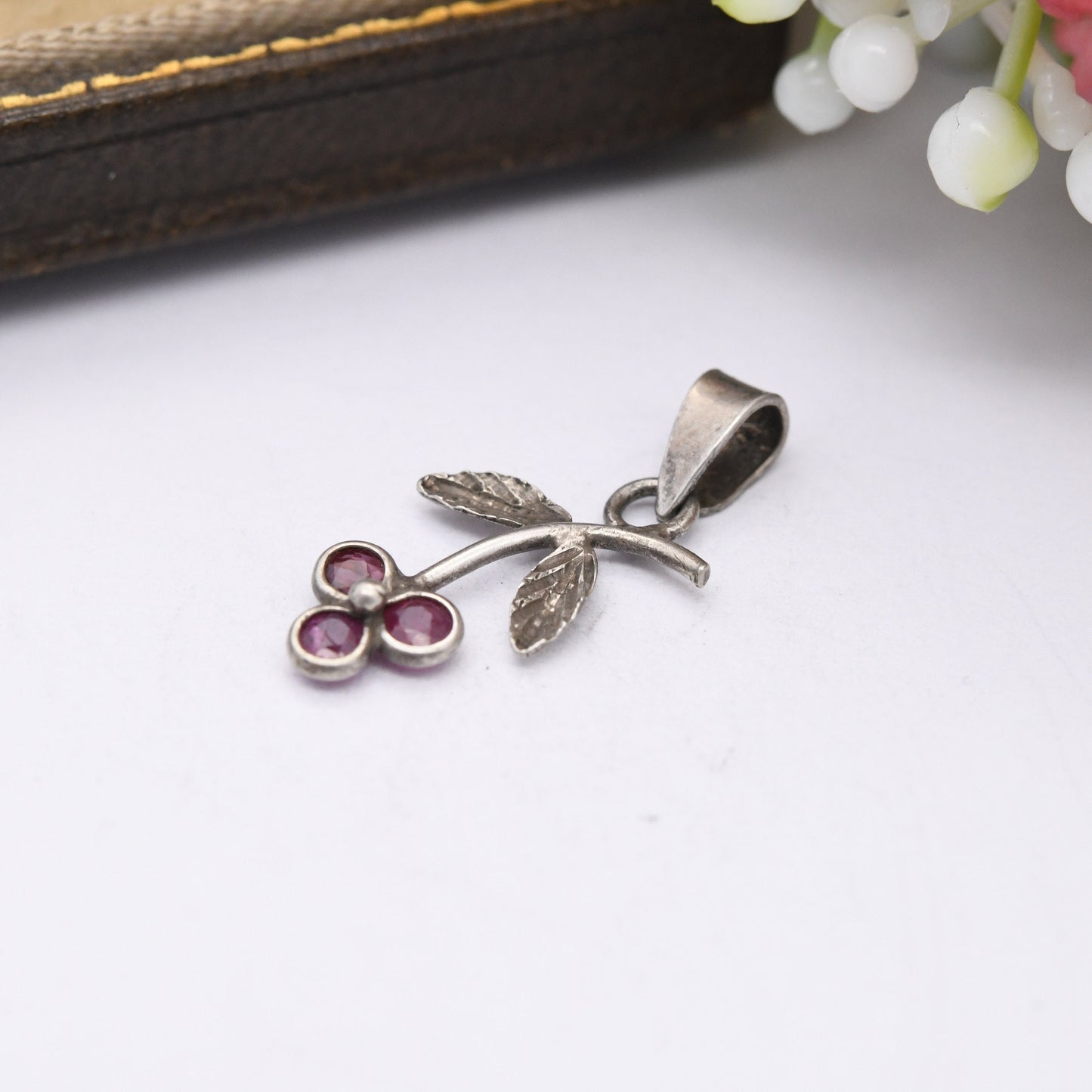 Vintage Sterling Silver Ruby Flower Pendant - Small Floral Cluster Charm | for Necklace Stack | July Birthday Flower Gift