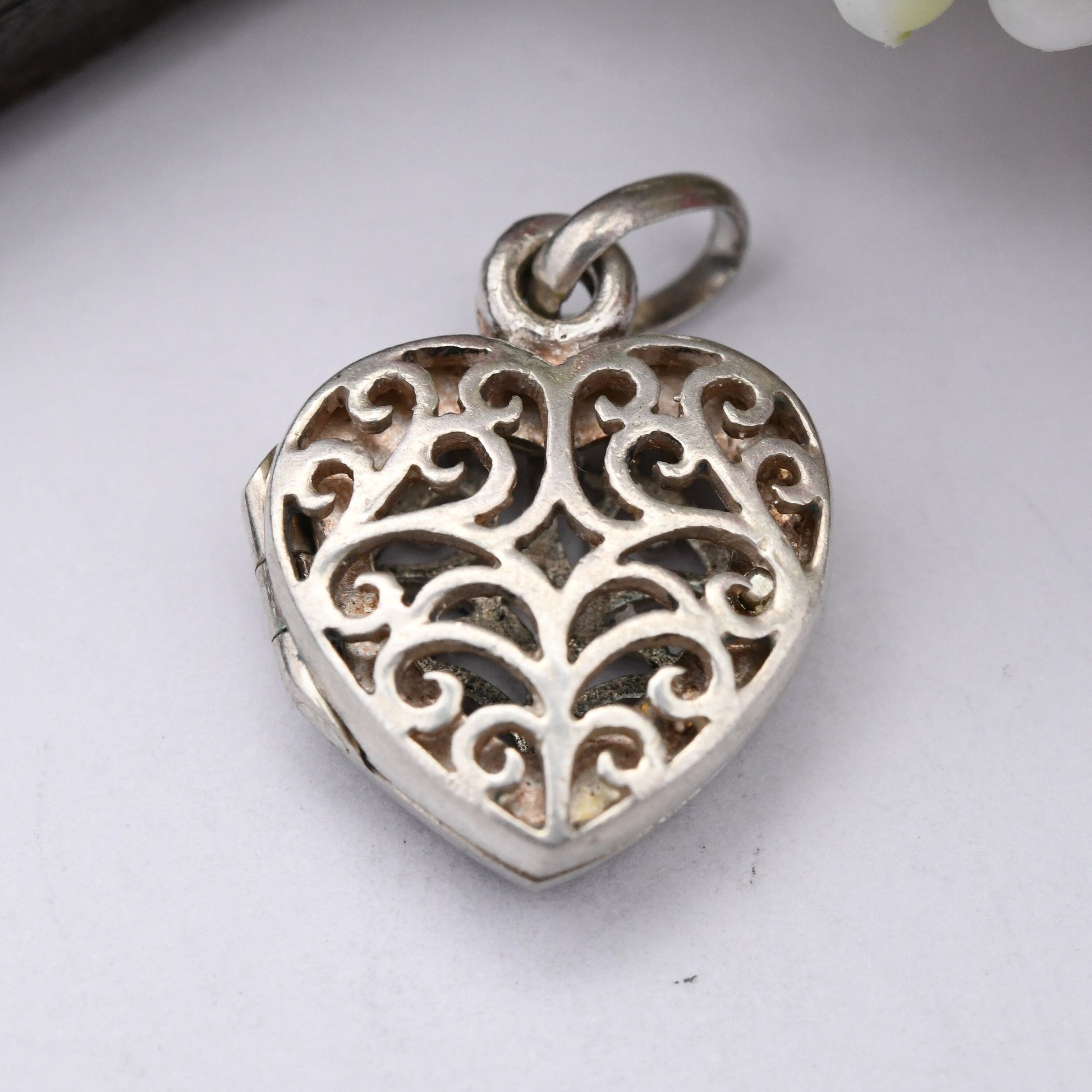 Vintage Sterling Silver Heart Locket Pendant Openwork Scrolling Design - Small Love Heart Shaped Charm Pendant | Cute Gift for Her