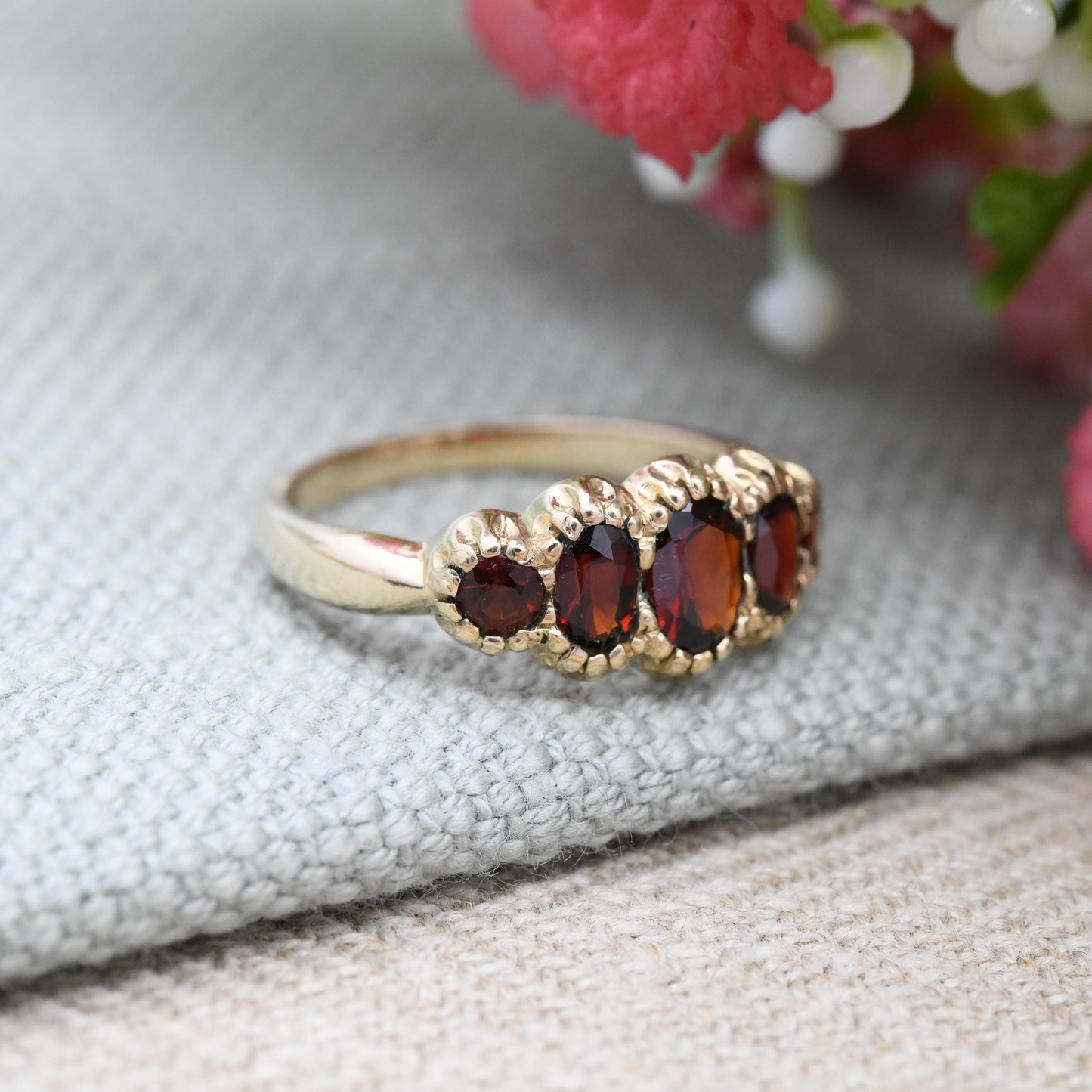 Vintage 9ct Gold Garnet Ring Five Stones - Red Gemstone Half Eternity Band Ring | Antique Revival | UK Size - N | US Size - 6 3/4