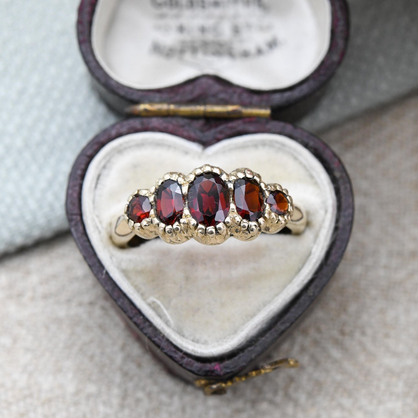 Vintage 9ct Gold Garnet Ring Five Stones - Red Gemstone Half Eternity Band Ring | Antique Revival | UK Size - N | US Size - 6 3/4