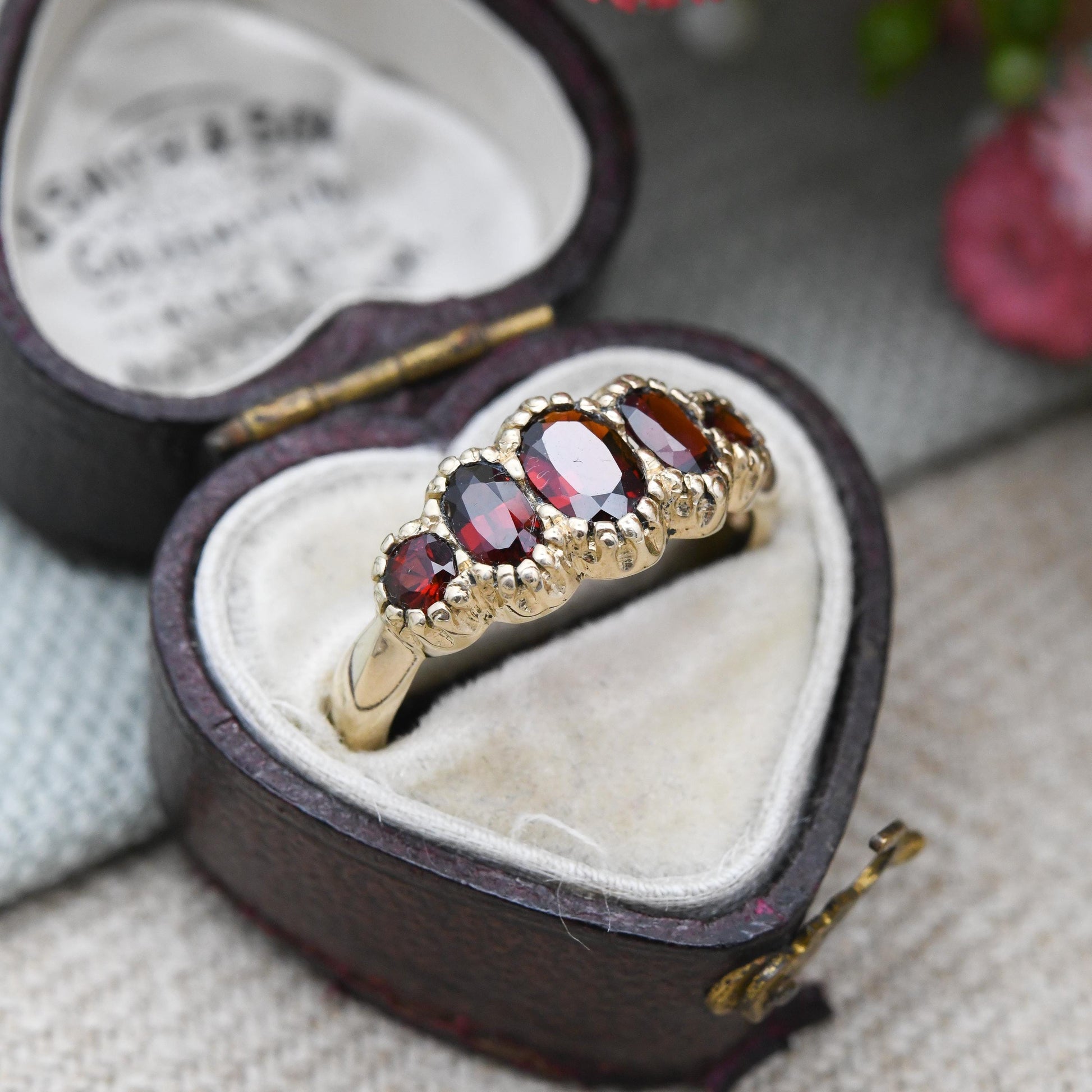 Vintage 9ct Gold Garnet Ring Five Stones - Red Gemstone Half Eternity Band Ring | Antique Revival | UK Size - N | US Size - 6 3/4