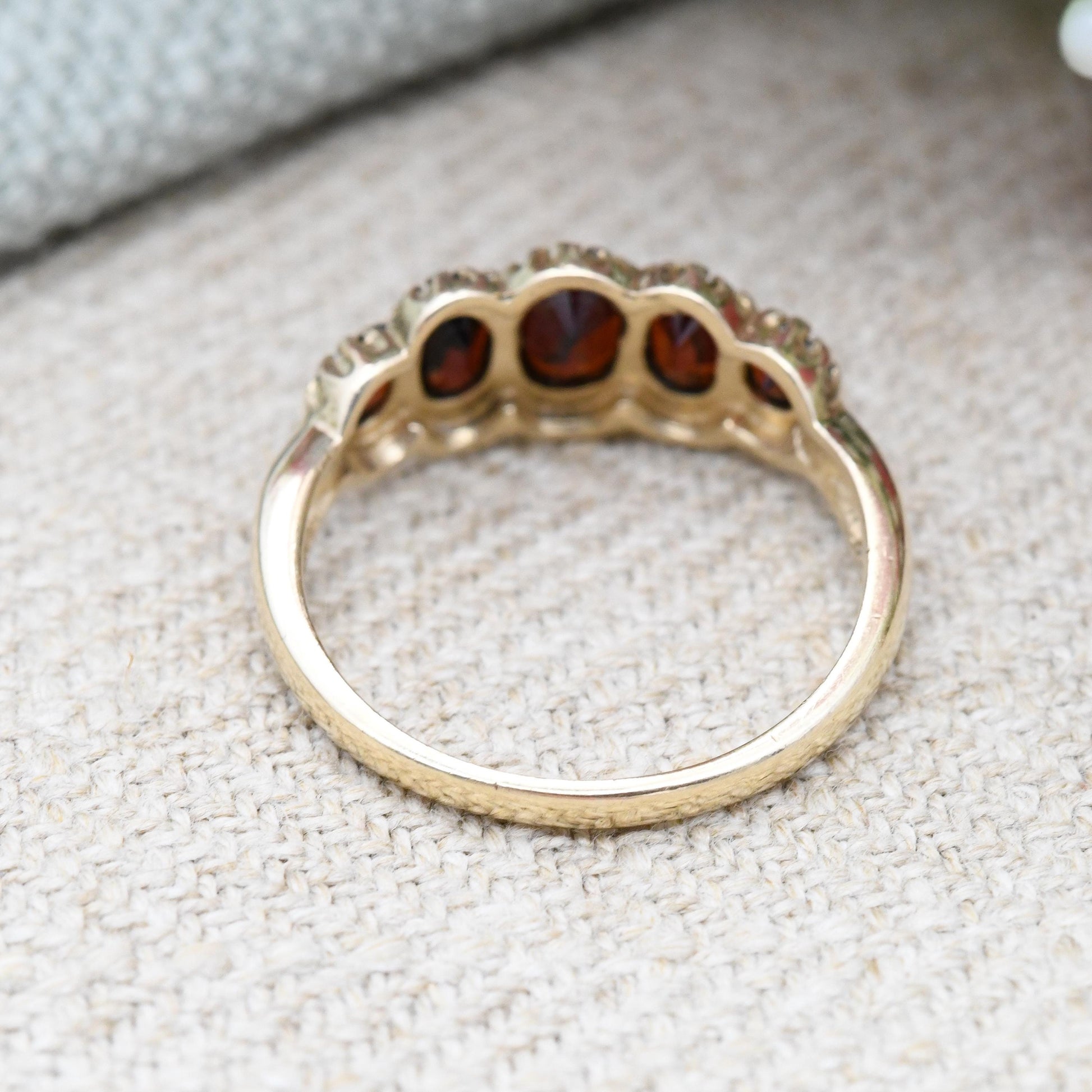 Vintage 9ct Gold Garnet Ring Five Stones - Red Gemstone Half Eternity Band Ring | Antique Revival | UK Size - N | US Size - 6 3/4