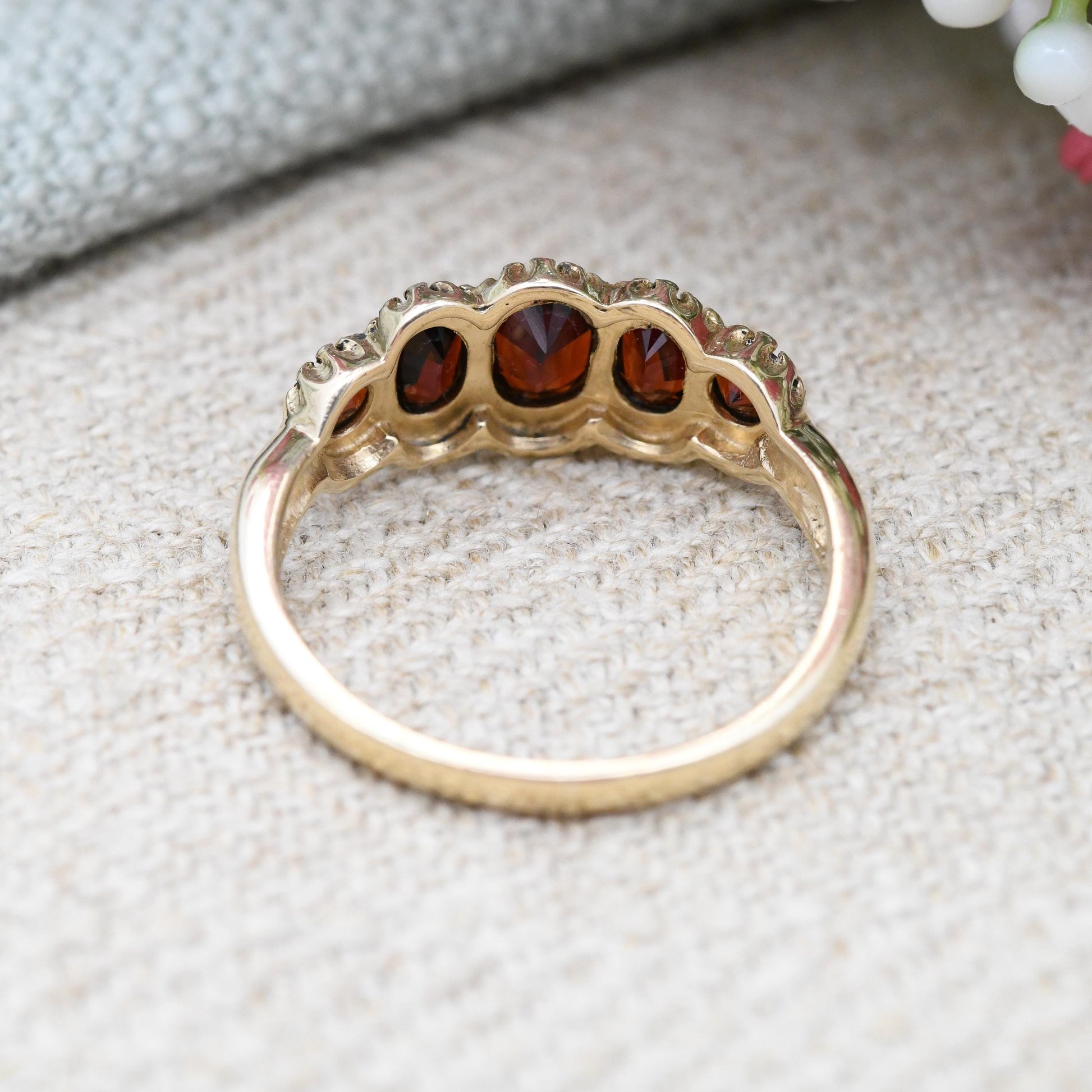 Vintage 9ct Gold Garnet Ring Five Stones - Red Gemstone Half Eternity Band Ring | Antique Revival | UK Size - N | US Size - 6 3/4