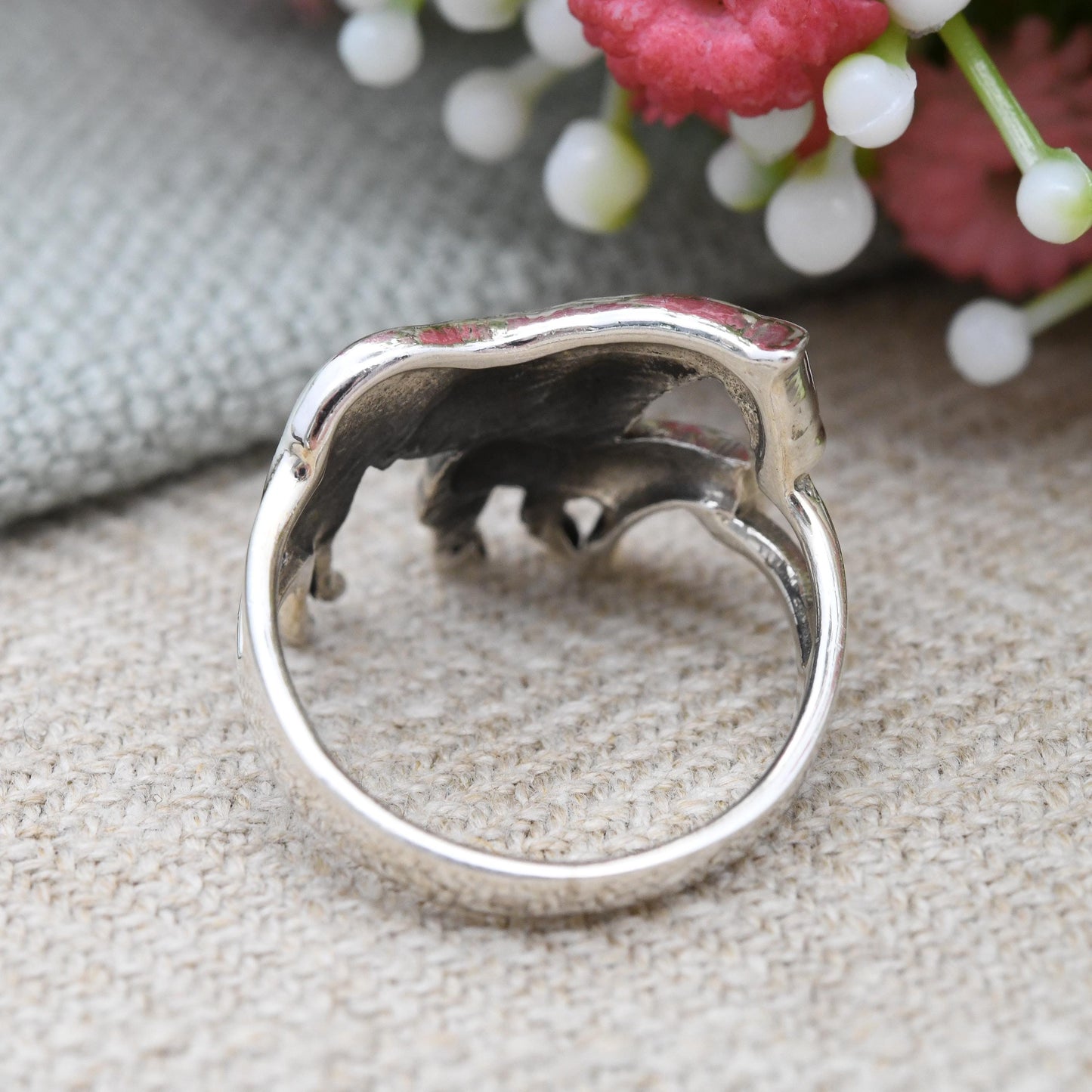 Vintage Sterling Silver Horse and Foal Ring - Sculptural Animal Jewellery Gift for Nature Lover Horse Riding | UK Size - N | US Size - 6 3/4