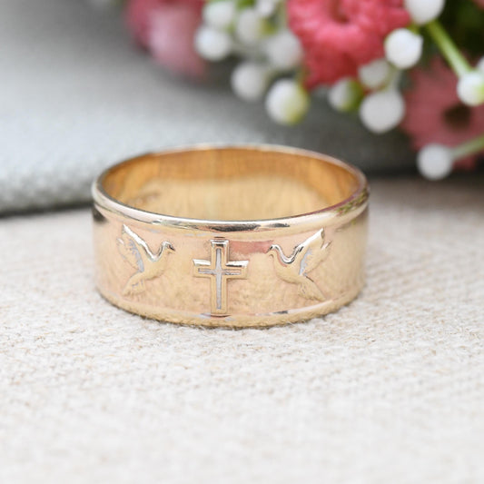 Vintage 9ct Gold Lord's Prayer Ring with Doves and Cross Design - Chunky Band Religious Hidden Message | UK Size - V 1/2 | US Size - 10 3/4