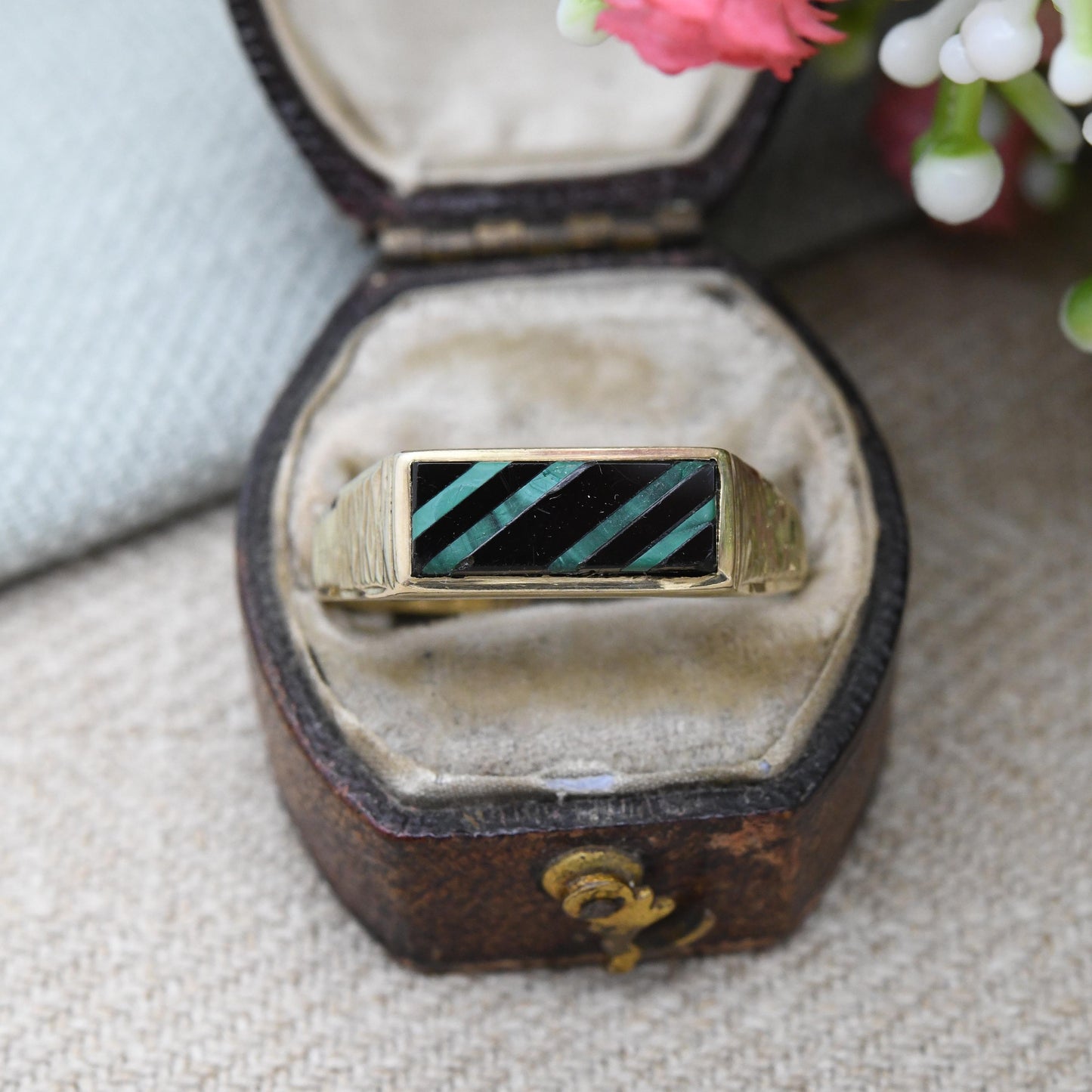 Vintage 9ct Gold Onyx Malachite Signet Ring 1989 - Unusual Striped Two-Tone Signet | Gift for Boyfriend | UK Size - T 1/2 | US Size - 9 3/4