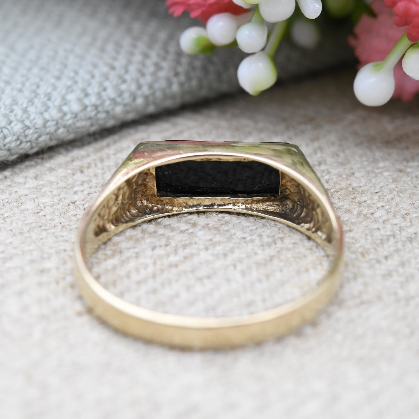 Vintage 9ct Gold Onyx Malachite Signet Ring 1989 - Unusual Striped Two-Tone Signet | Gift for Boyfriend | UK Size - T 1/2 | US Size - 9 3/4